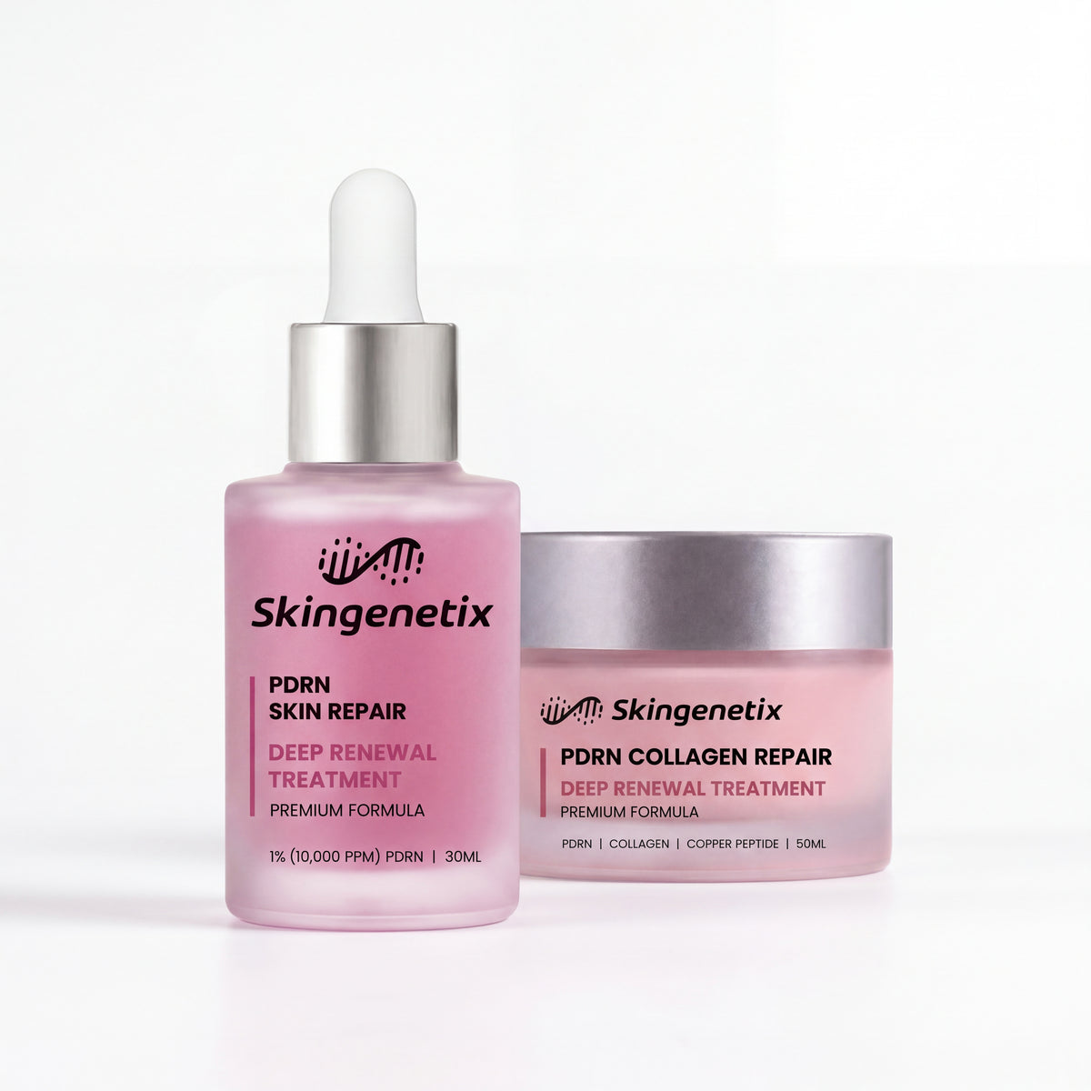Skingenetix Full PDRN 1% Ritual - Serum & Cream - the PDRN renewal serum and collagen night cream on a plain white background