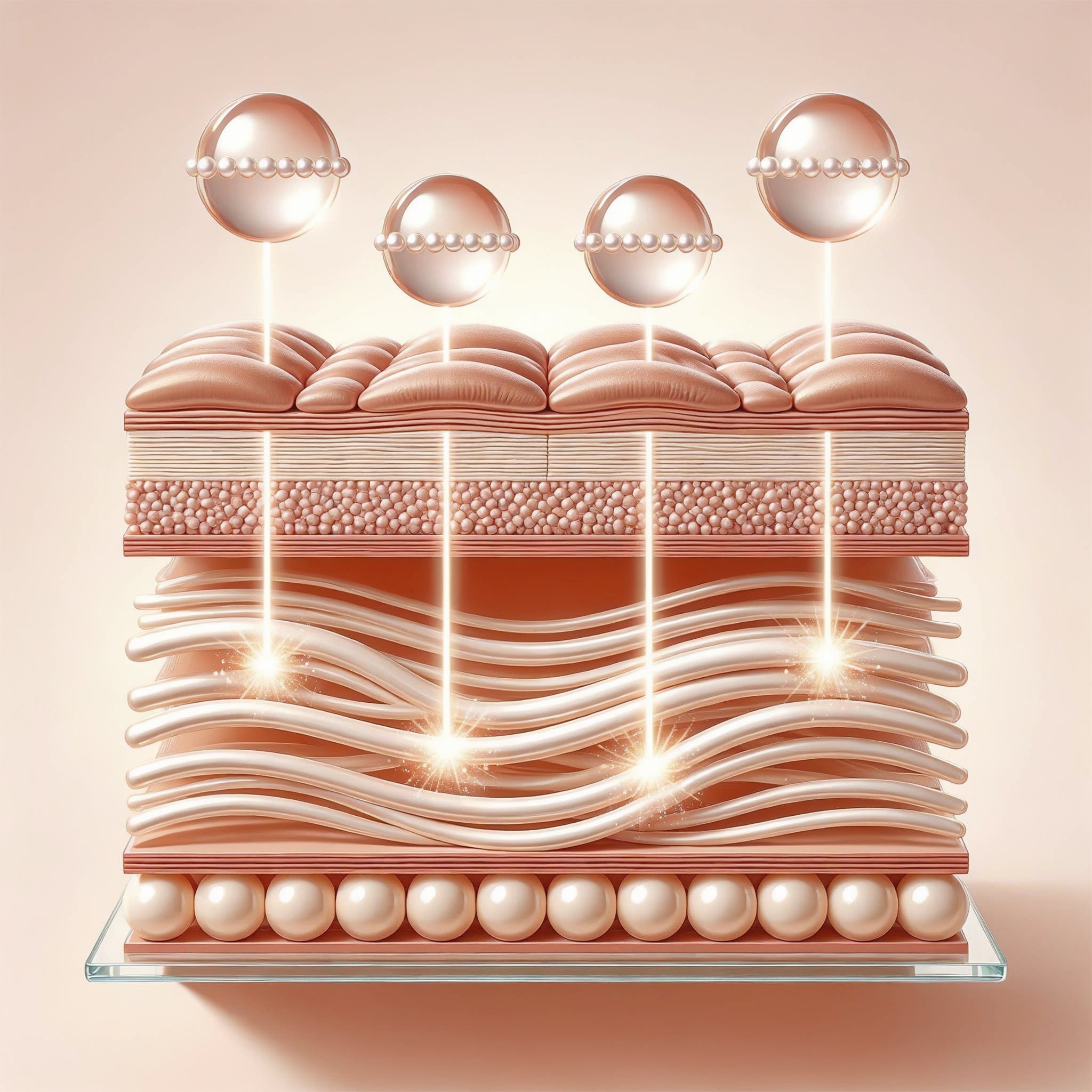Illustration of a cross-section of skin, with peptide chains held in clear spheres above it and points of light reaching the collagen layer below