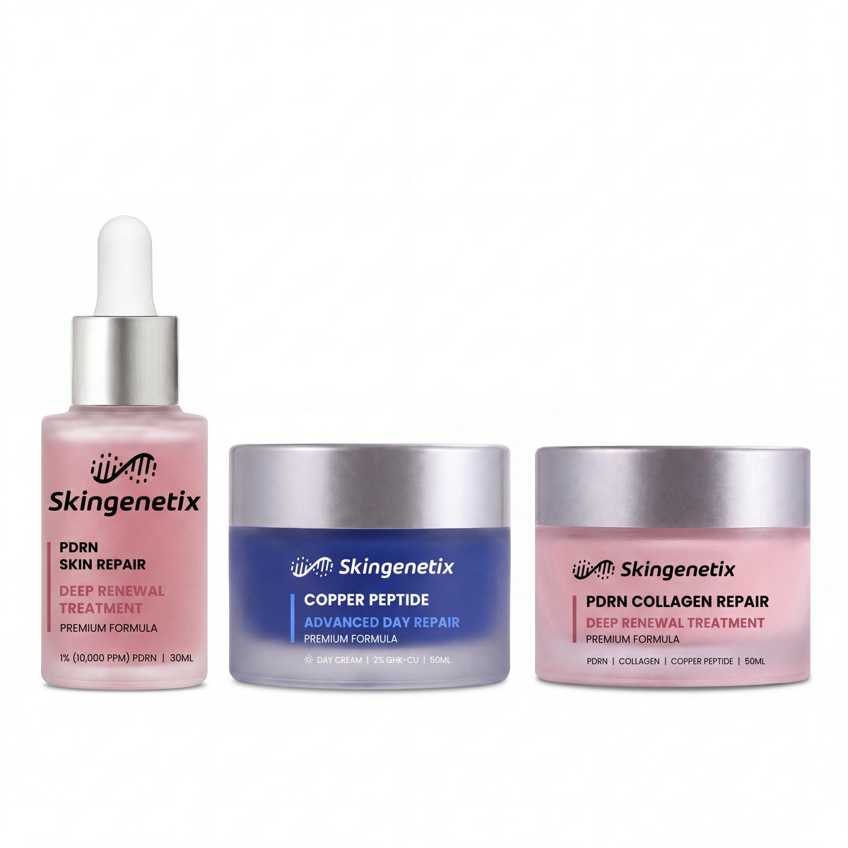 Skingenetix Complete Skin Repair & Renewal Day & Night Routine - the PDRN serum, day gel-cream and collagen night cream spaced on a plain white background