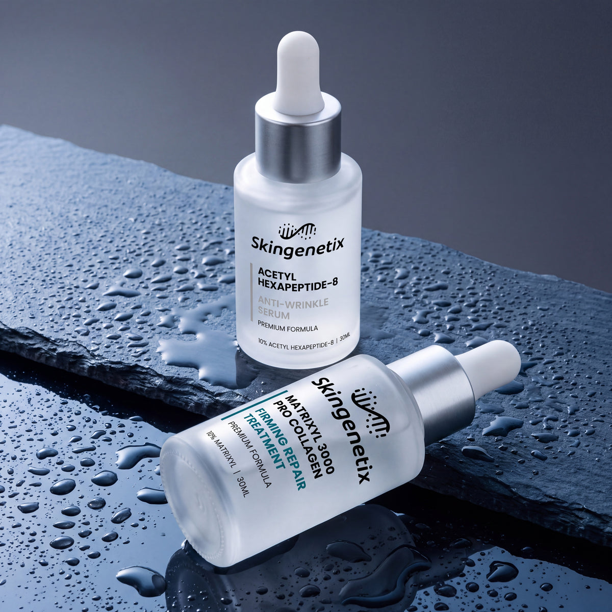 Skingenetix Fine Lines & Wrinkles Peptide Duo Set - both serums on wet dark slate scattered with water droplets