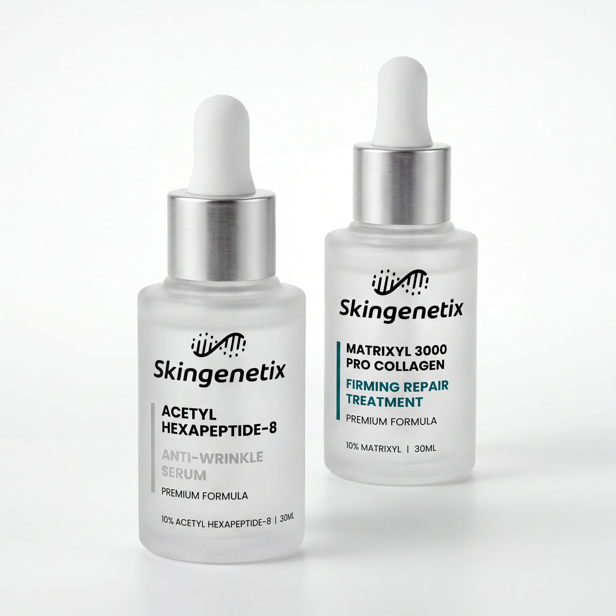 Skingenetix Fine Lines & Wrinkles Peptide Duo Set - the acetyl hexapeptide-8 and matrixyl 3000 serums staggered on a plain white background