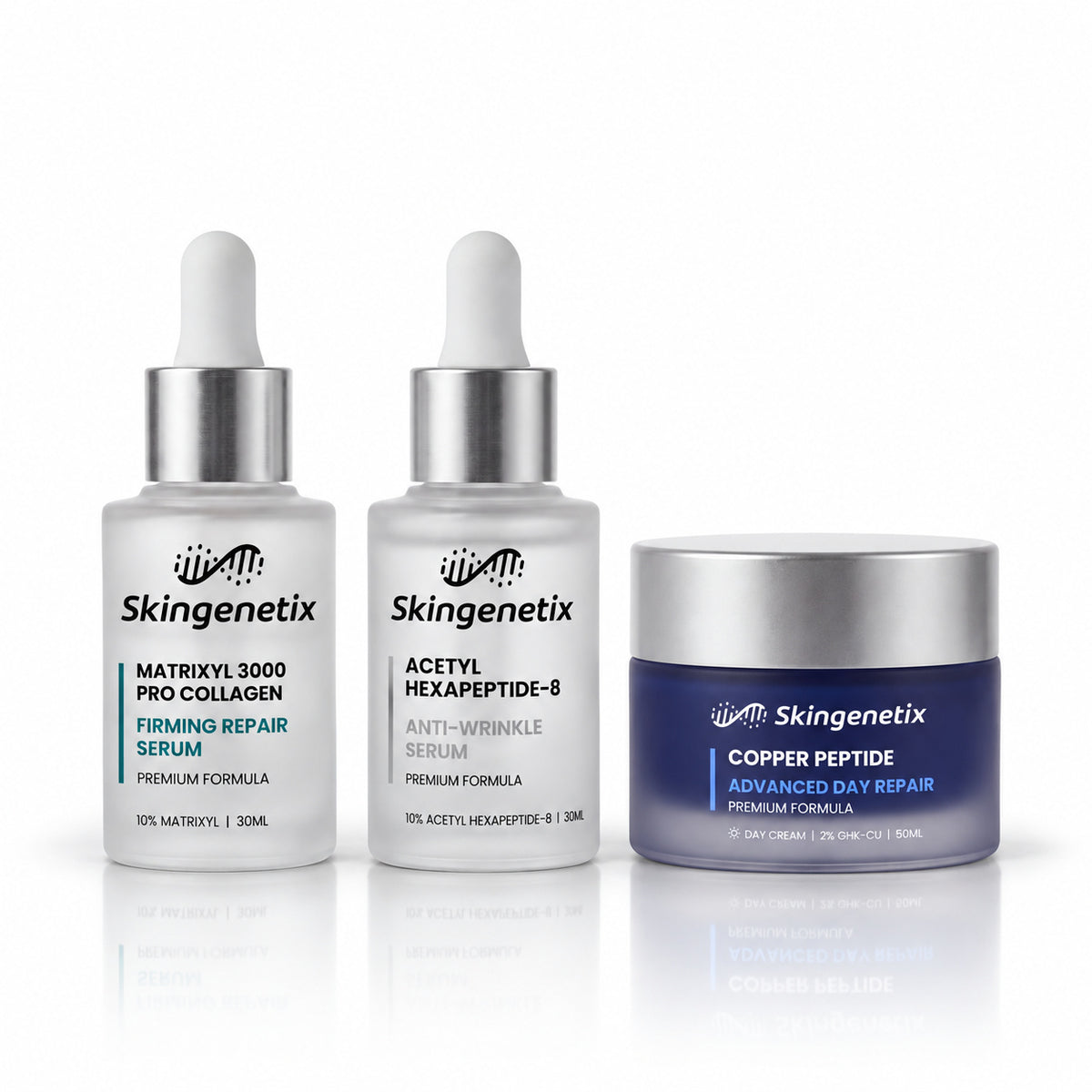 Skingenetix Complete Fine Lines & Wrinkles Routine - both anti-wrinkle serums beside the copper peptide day cream on a plain white background
