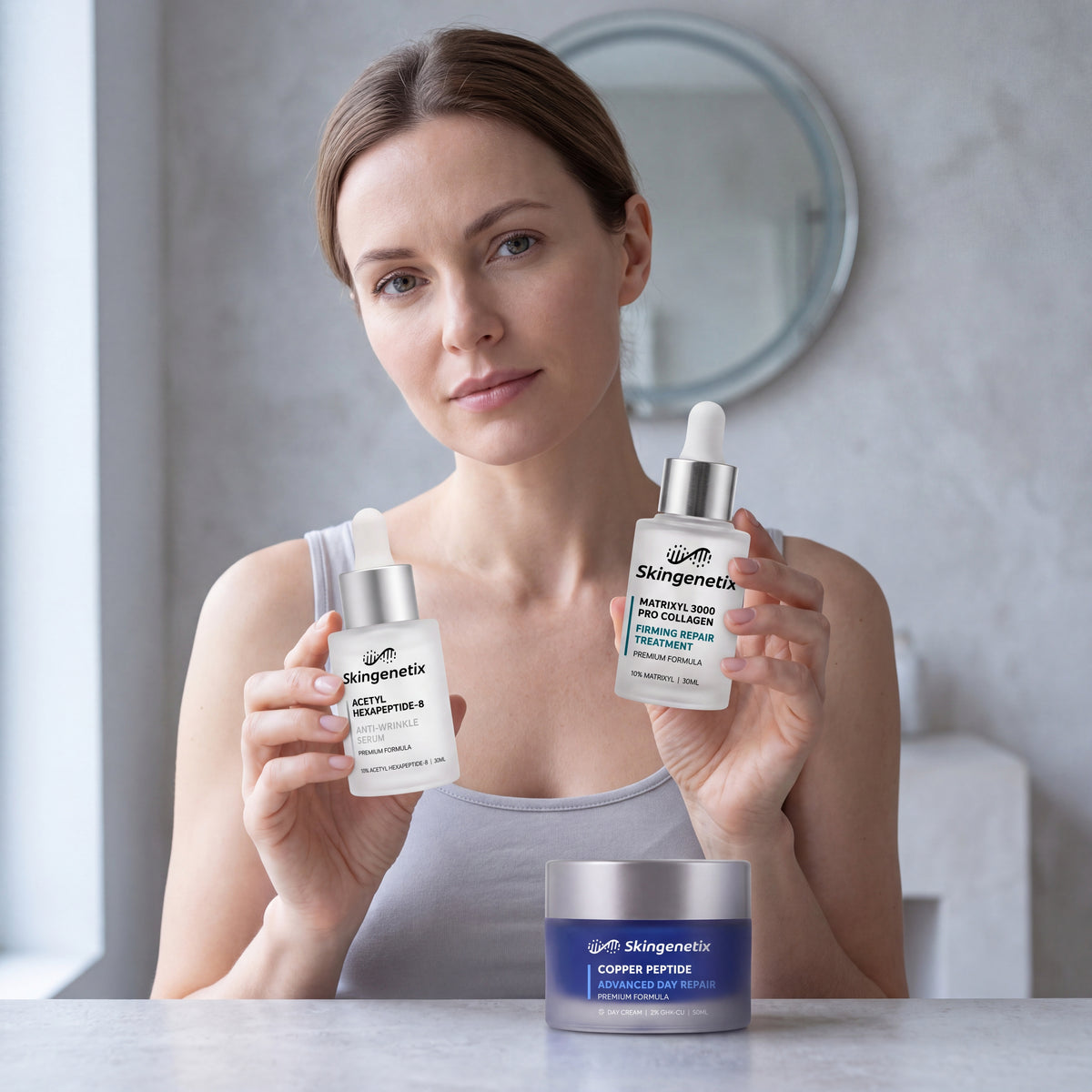 Skingenetix Complete Fine Lines & Wrinkles Routine - a woman holding the acetyl hexapeptide-8 and matrixyl 3000 serums, the day cream beside her