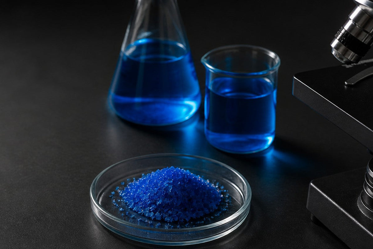 Blue copper peptide (GHK-Cu) crystals in a glass dish beside a flask and a beaker of blue solution and a microscope