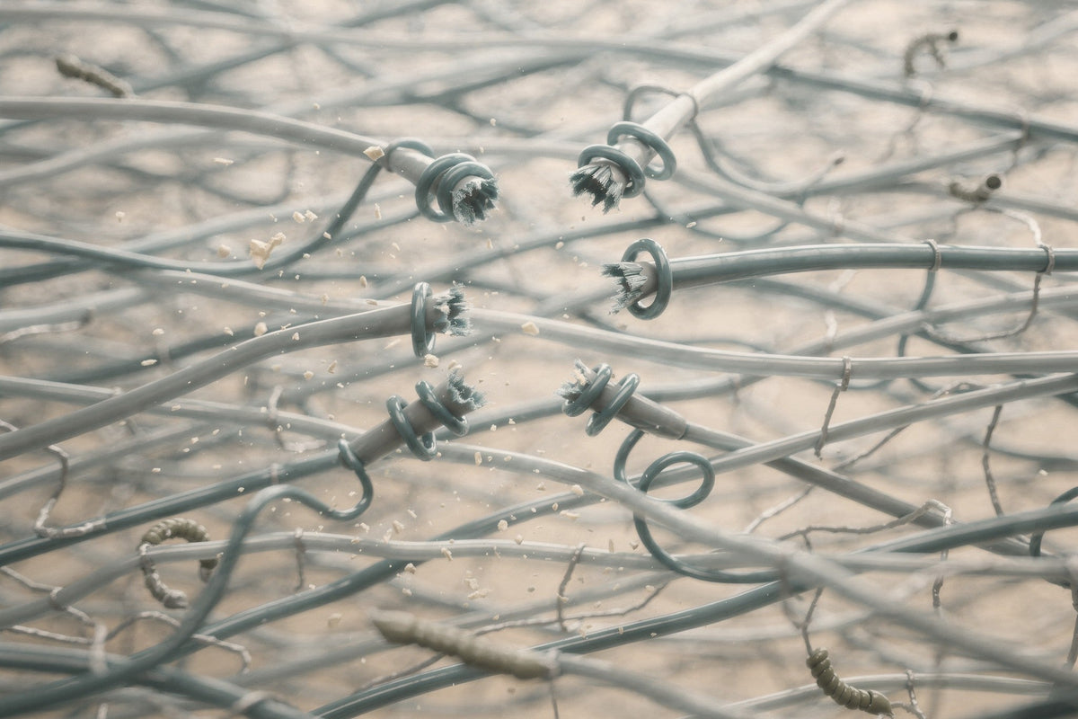 Close-up of a network of fine teal fibres