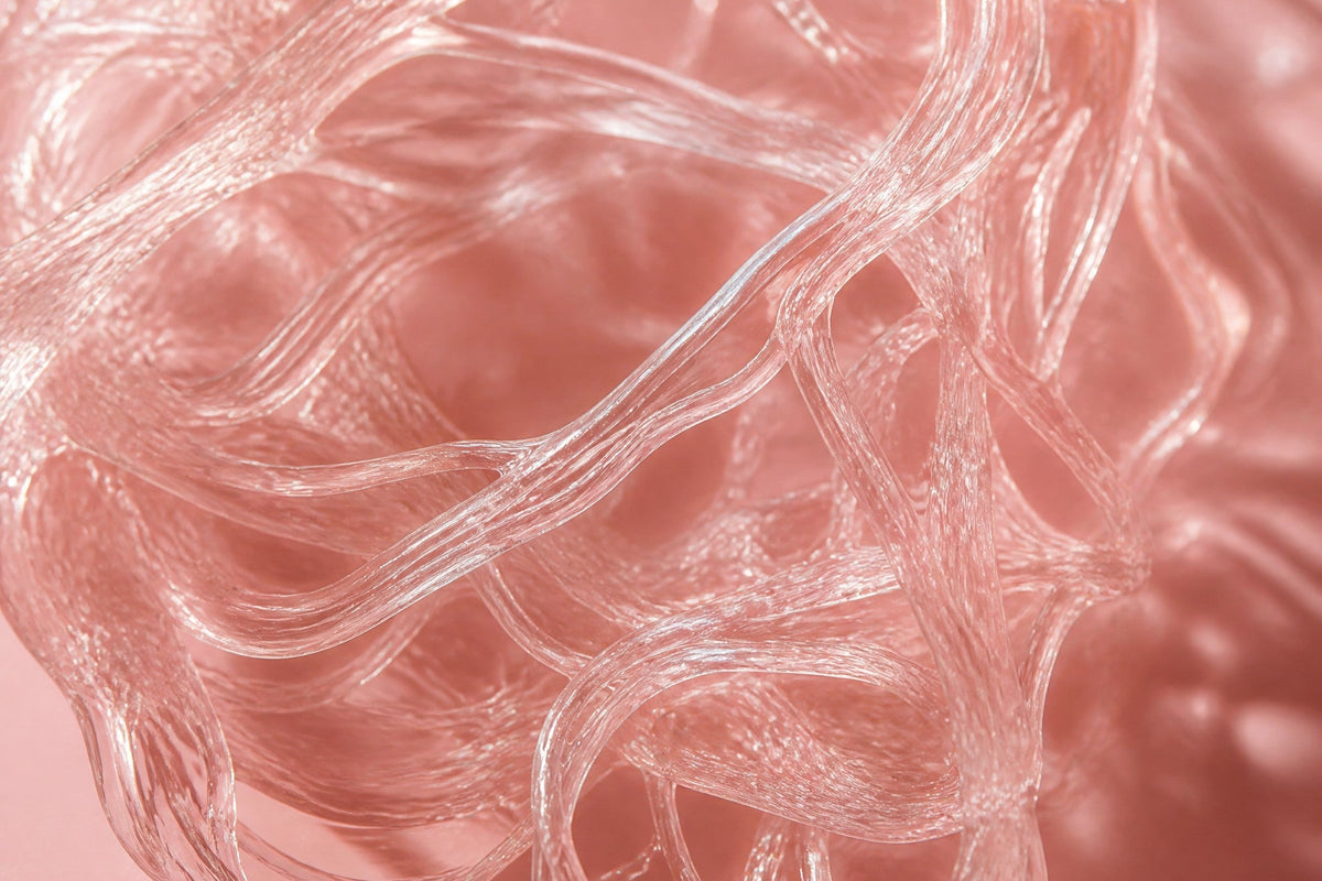 Clear, thread-like strands tangled in a pink gel, close up
