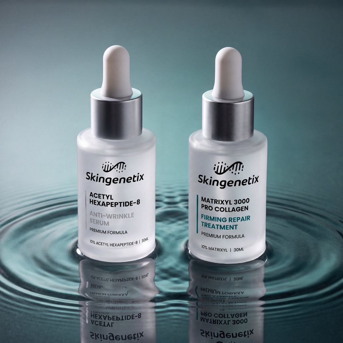 The Skingenetix Acetyl Hexapeptide-8 (Argireline) and Matrixyl 3000 serums standing side by side in rippling water