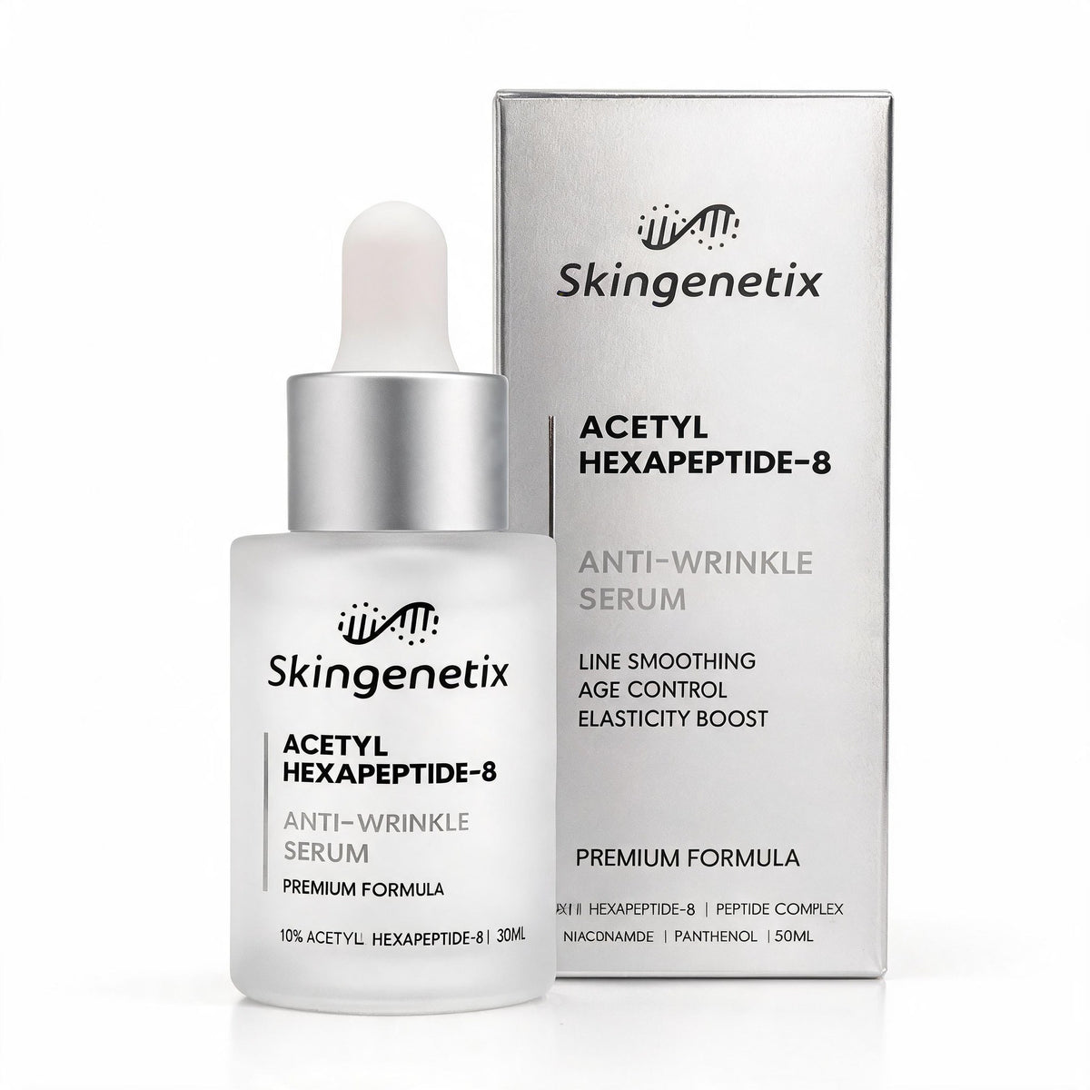 Skingenetix Acetyl Hexapeptide-8 Anti-Wrinkle Serum, 30ml - bottle beside its silver carton on a white background