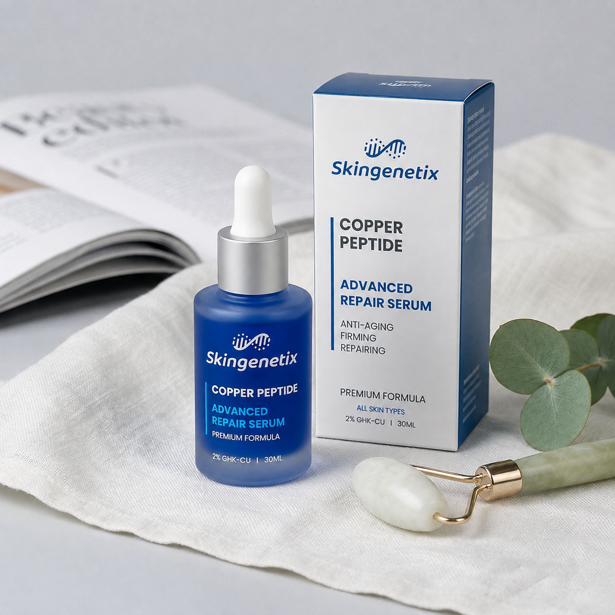 Skingenetix Copper Peptide (GHK-Cu) 2% Renewal Serum, 30ml - bottle beside its carton with a jade roller and eucalyptus