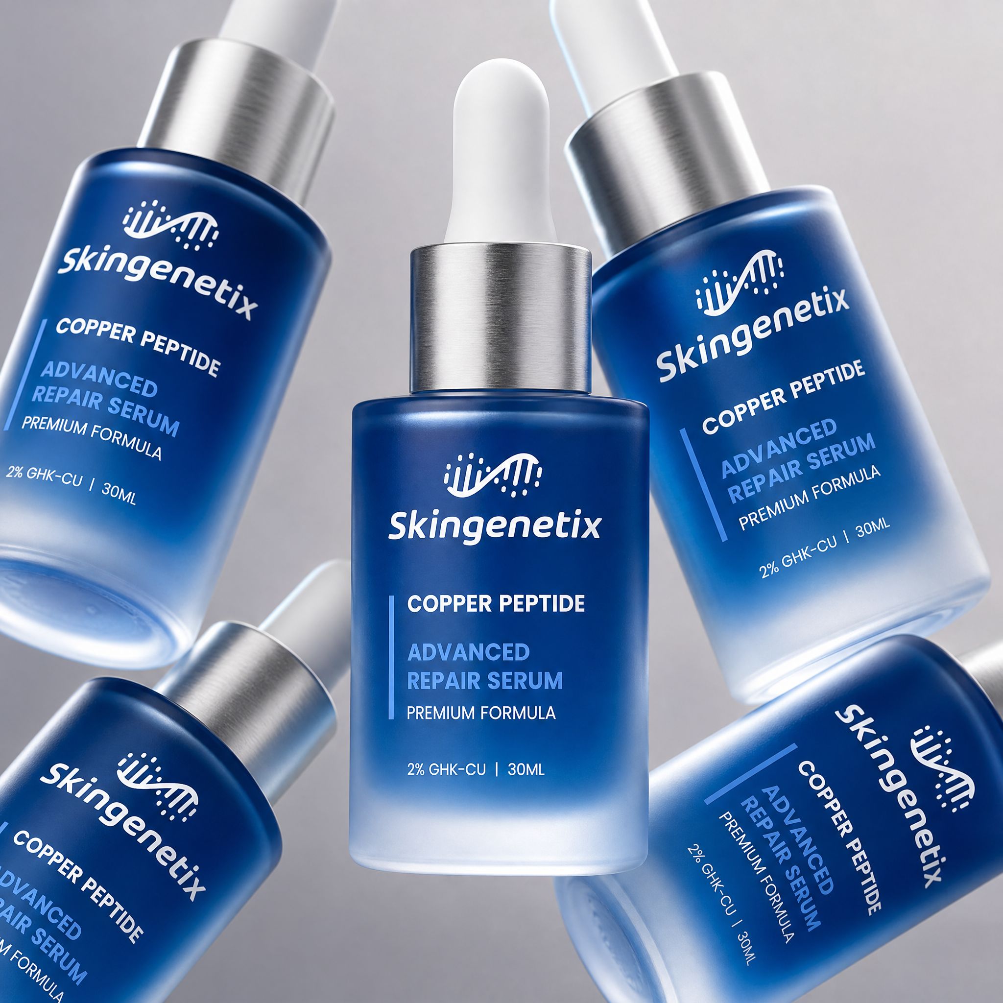Skingenetix Copper Peptide (GHK-Cu) 2% Renewal Serum, 30ml - several bottles of the serum arranged in an angled group
