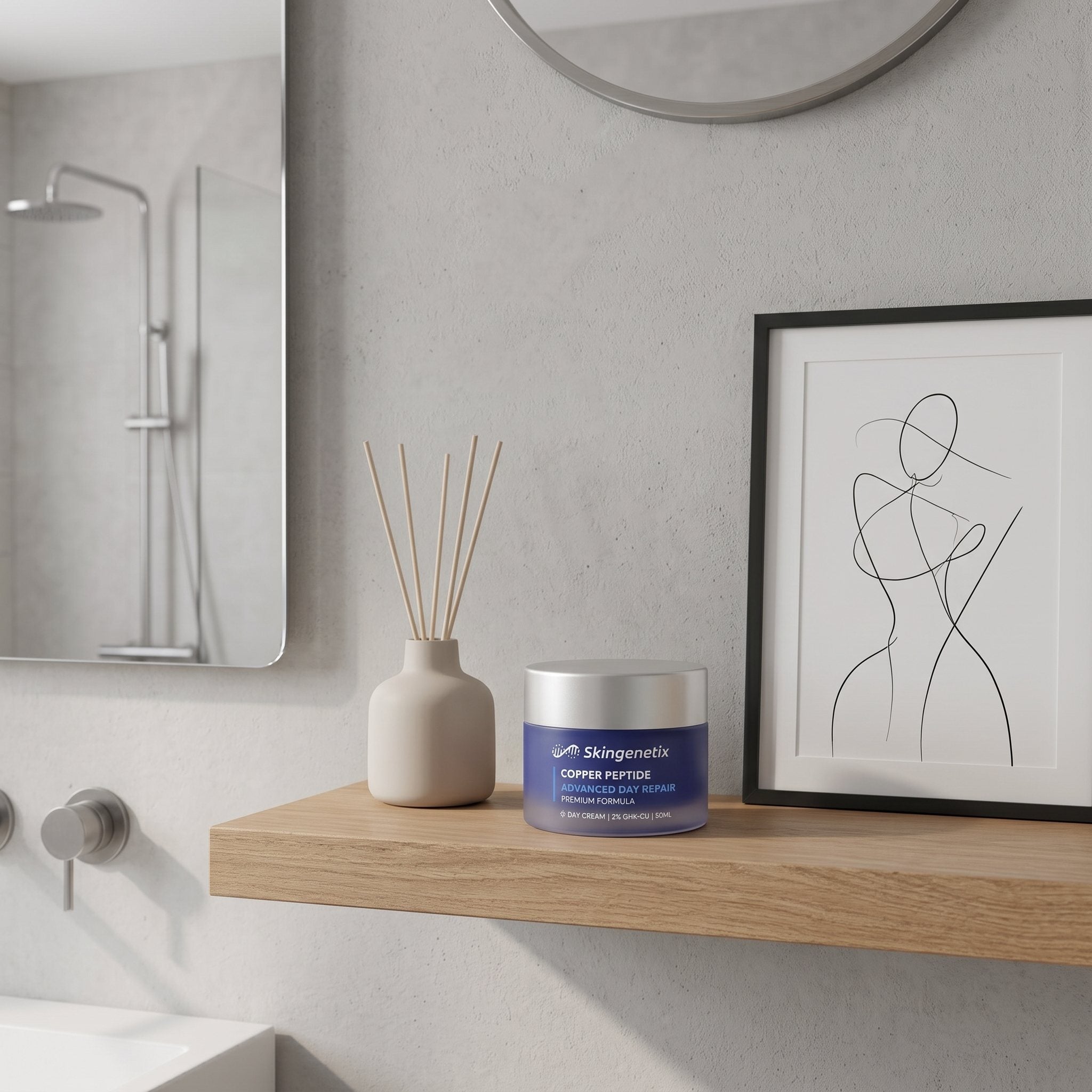 Skingenetix Copper Peptide (GHK-Cu) 2% Day Gel-Cream, 50ml - jar on a bathroom shelf beside a reed diffuser