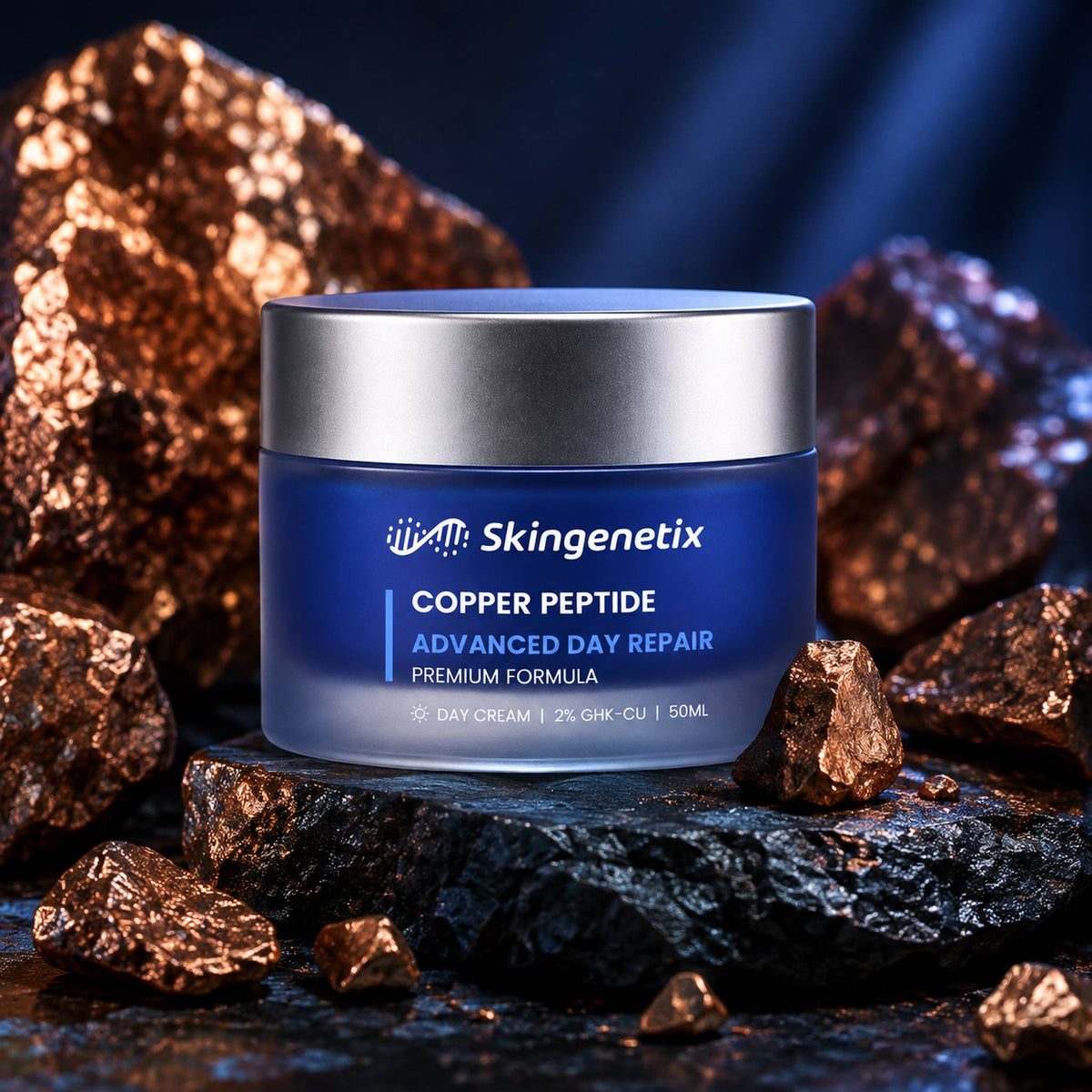Skingenetix Copper Peptide (GHK-Cu) 2% Day Gel-Cream, 50ml - jar on dark stone with raw copper ore