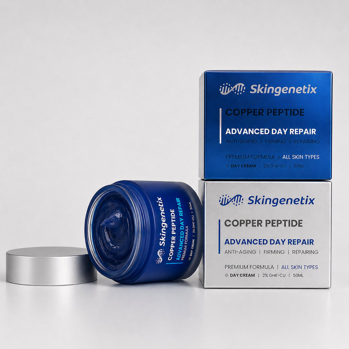 Skingenetix Copper Peptide (GHK-Cu) 2% Day Gel-Cream, 50ml - open jar beside its blue and silver cartons