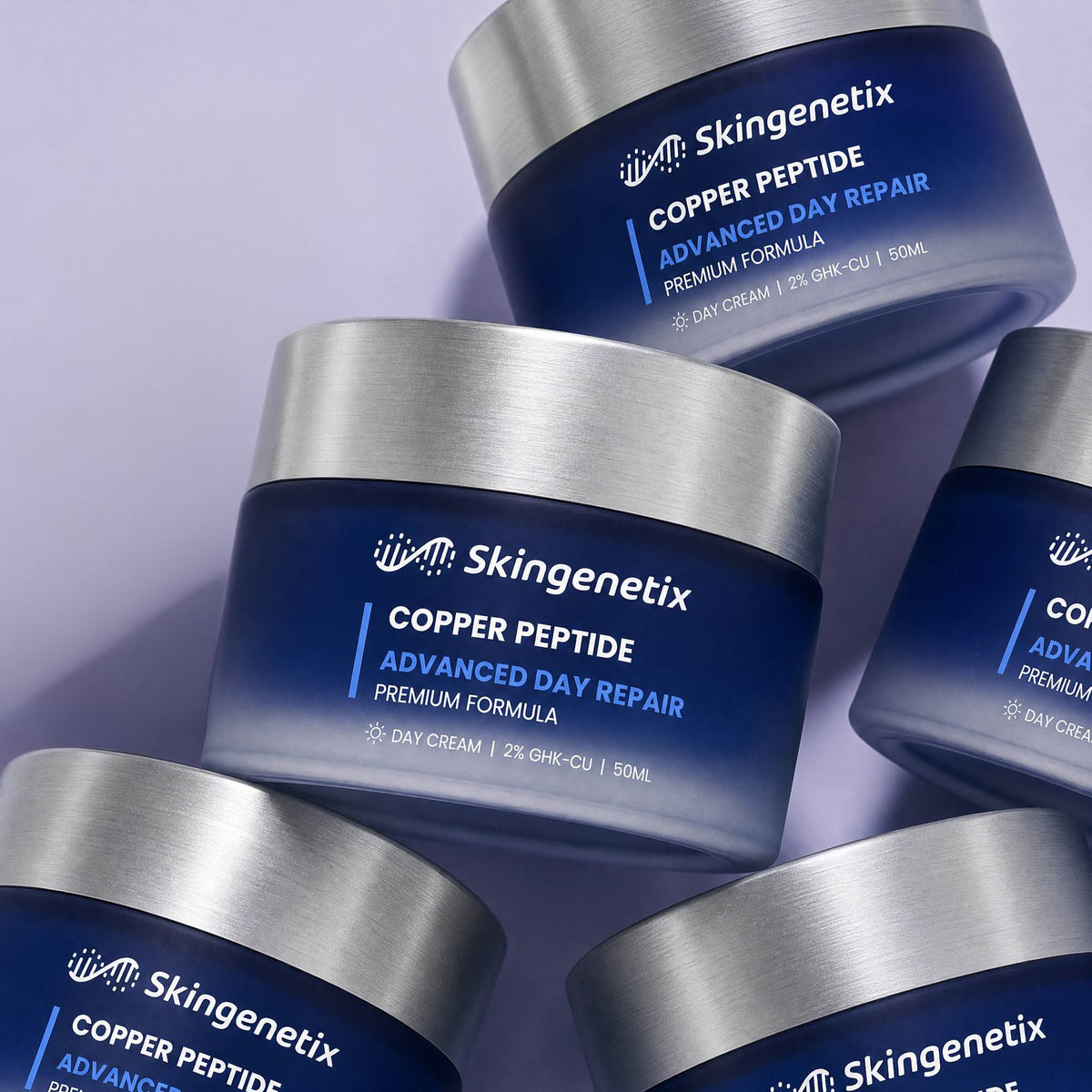 Skingenetix Copper Peptide (GHK-Cu) 2% Day Gel-Cream, 50ml - several jars arranged in a group