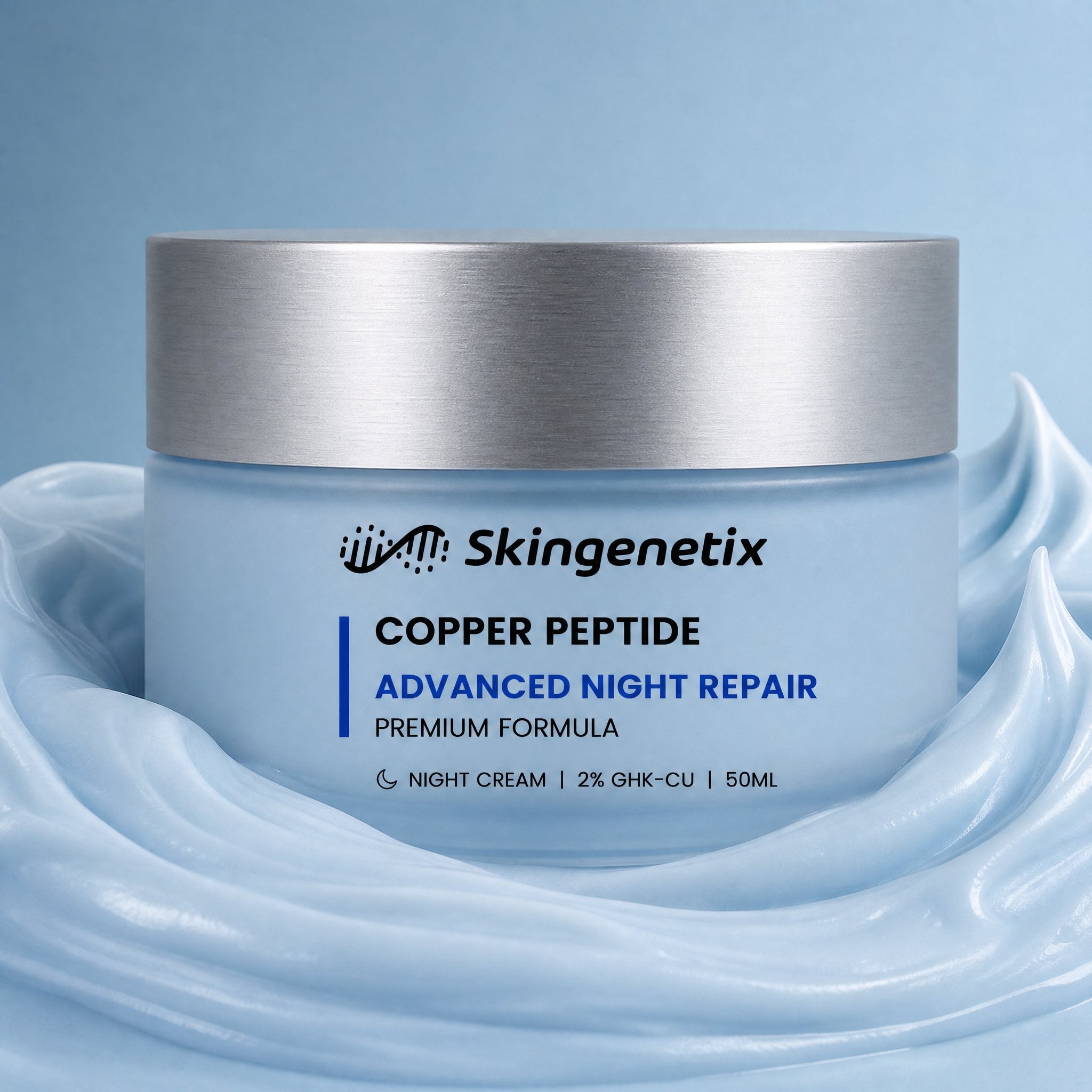 Skingenetix Copper Peptide (GHK-Cu) 2% Night Cream, 50ml - jar resting in a swirl of the pale blue cream