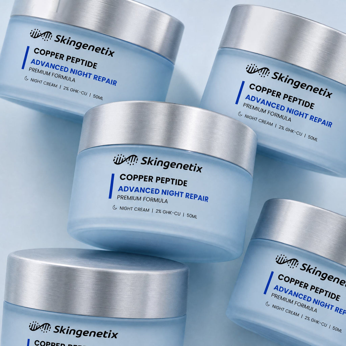Skingenetix Copper Peptide (GHK-Cu) 2% Night Cream, 50ml - several jars arranged in a group