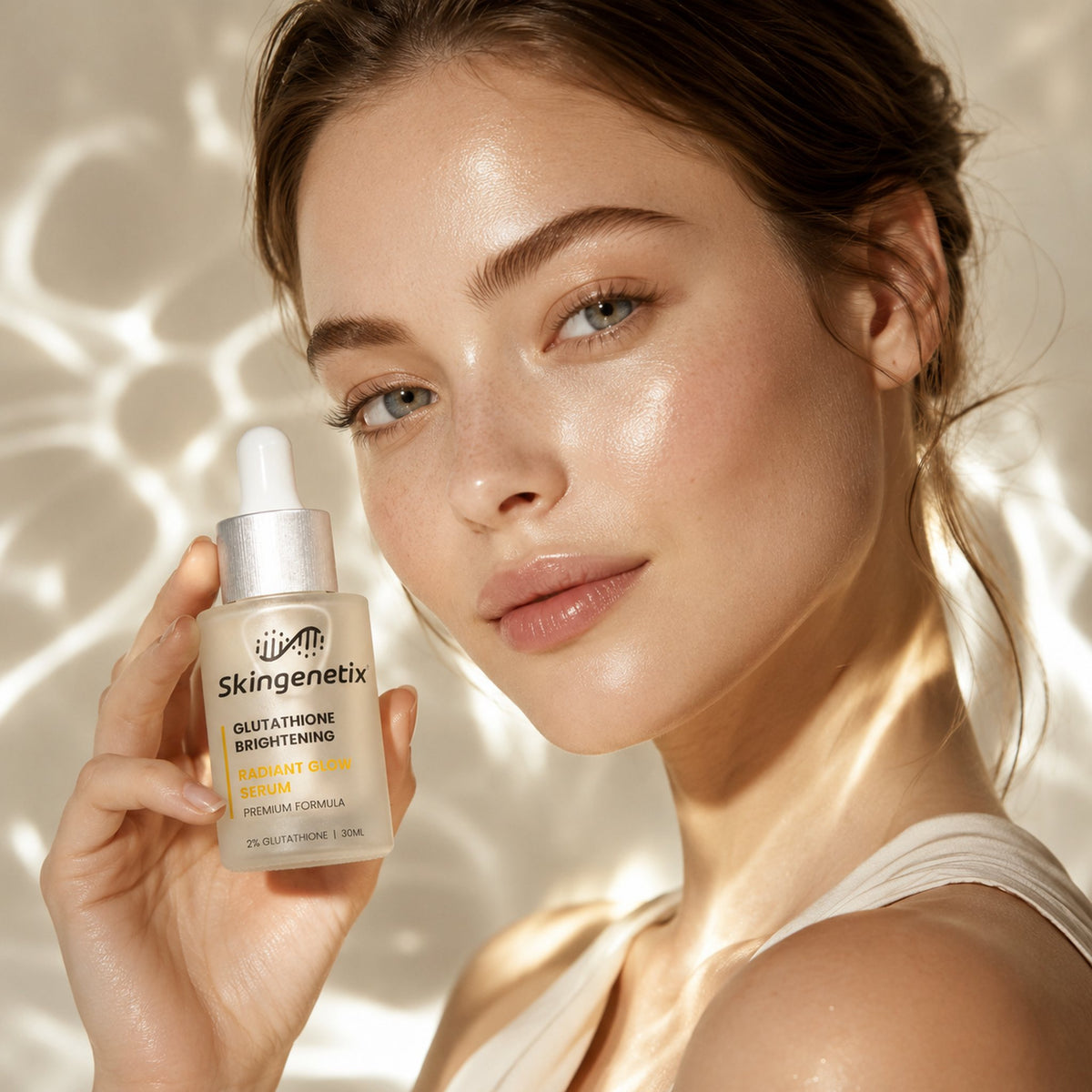Skingenetix Glutathione Brightening Serum, 2% glutathione, 30ml - a model holding the bottle beside their face