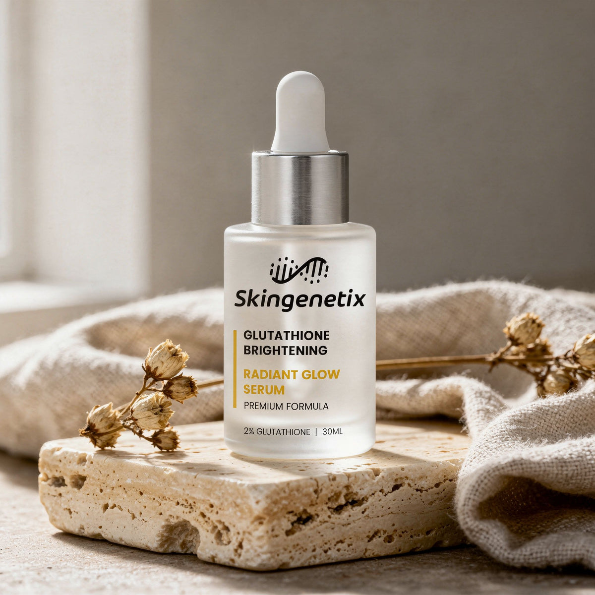 Skingenetix Glutathione Brightening Serum, 2% glutathione, 30ml - bottle on travertine with dried flowers and linen