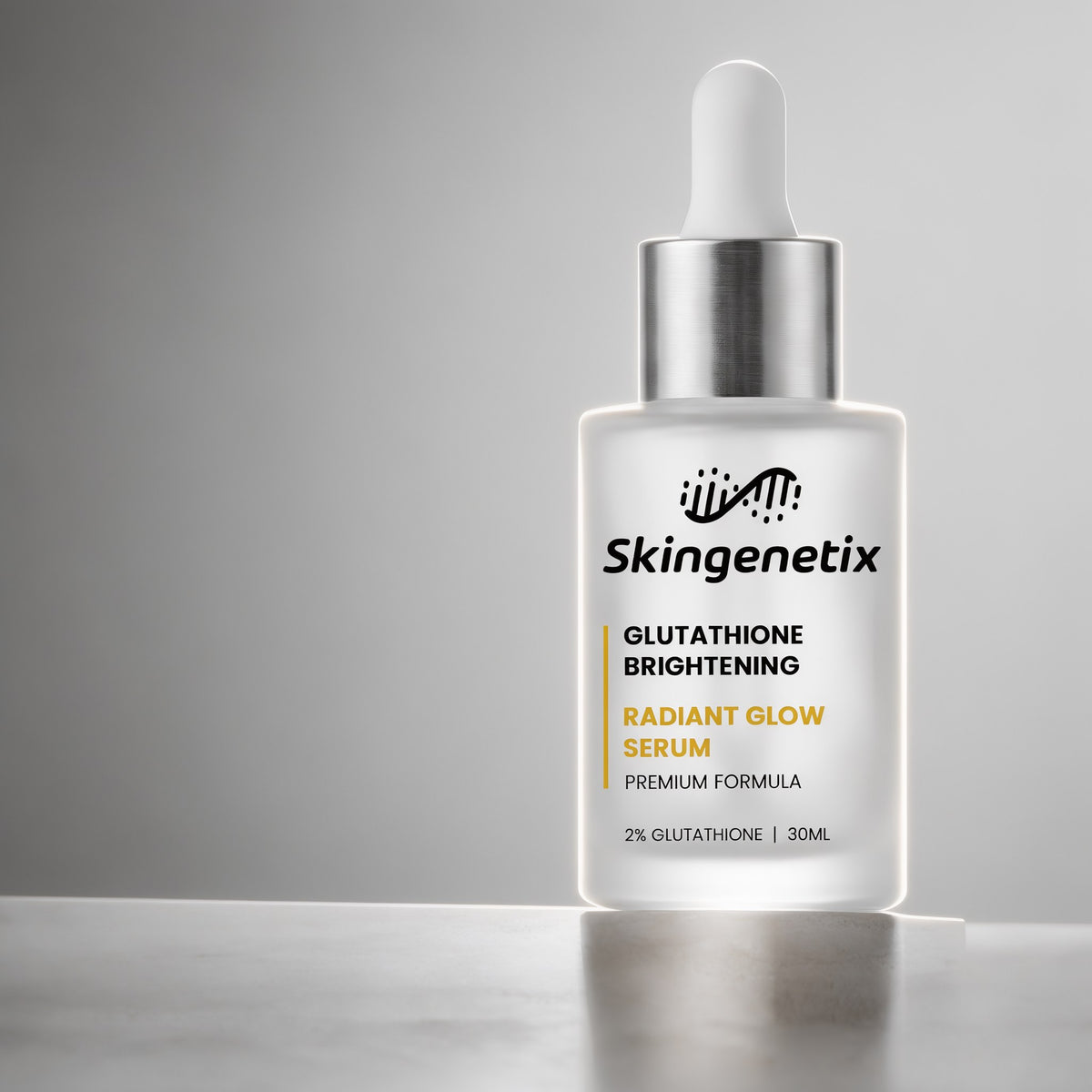 Skingenetix Glutathione Brightening Serum, 2% glutathione, 30ml - frosted bottle on a pale stone pedestal