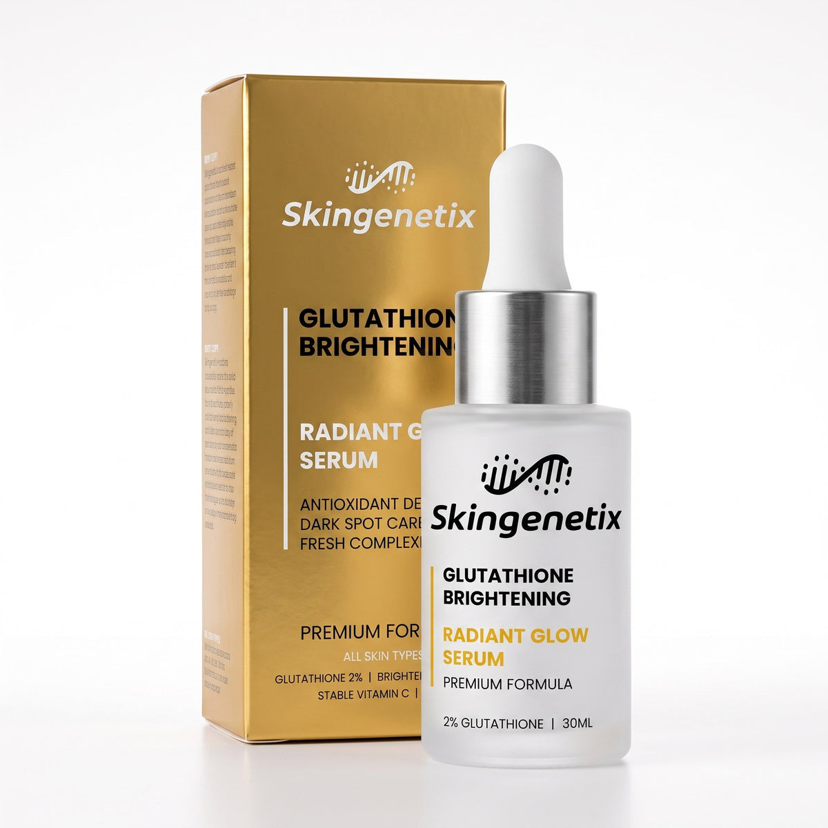 Skingenetix Glutathione Brightening Serum, 2% glutathione, 30ml - bottle beside its gold carton on white