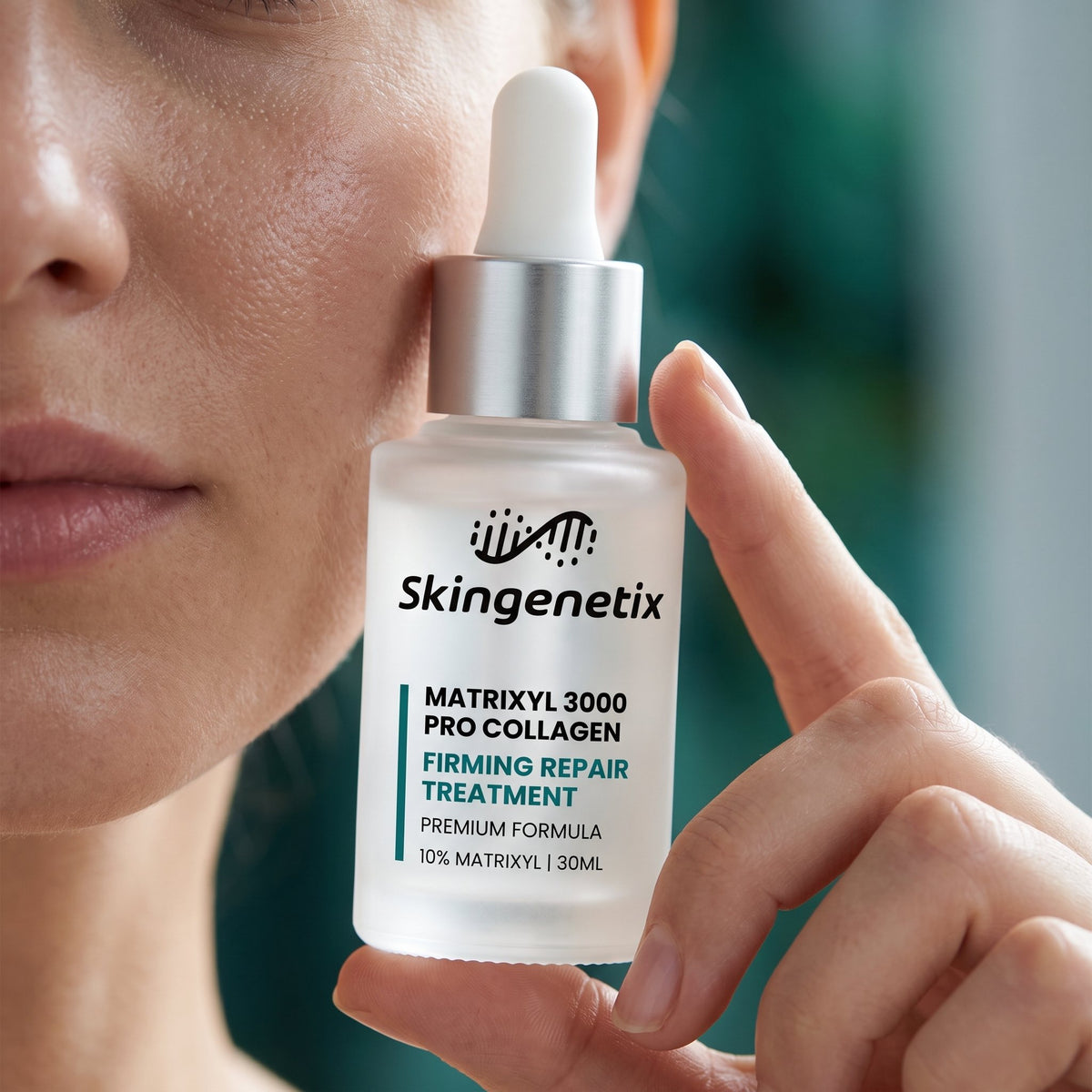 Skingenetix Matrixyl 3000 Firming Serum, 30ml - a model holding the bottle beside their face