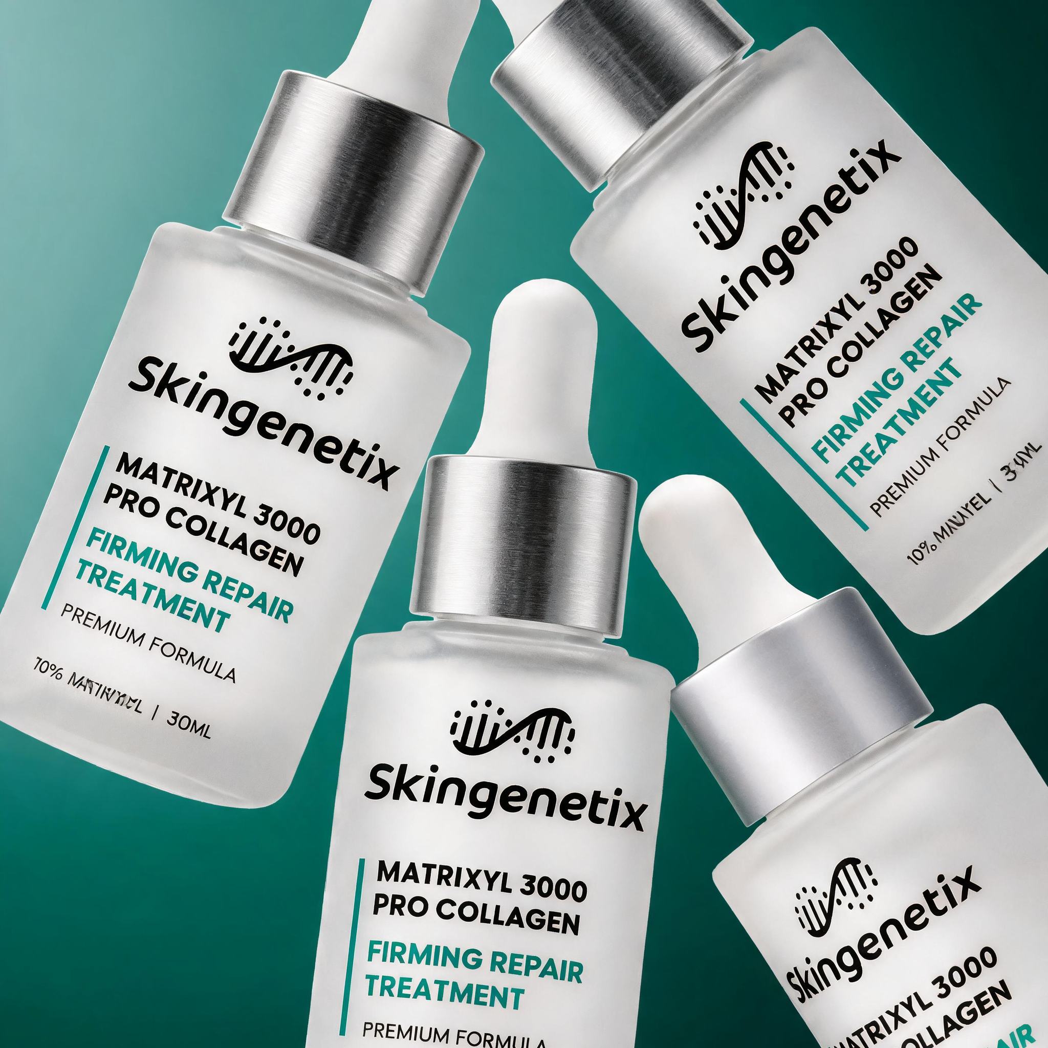 Skingenetix Matrixyl 3000 Firming Serum, 30ml - mehrere Flaschen des Serums auf tiefem Türkis-Untergrund angeordnet