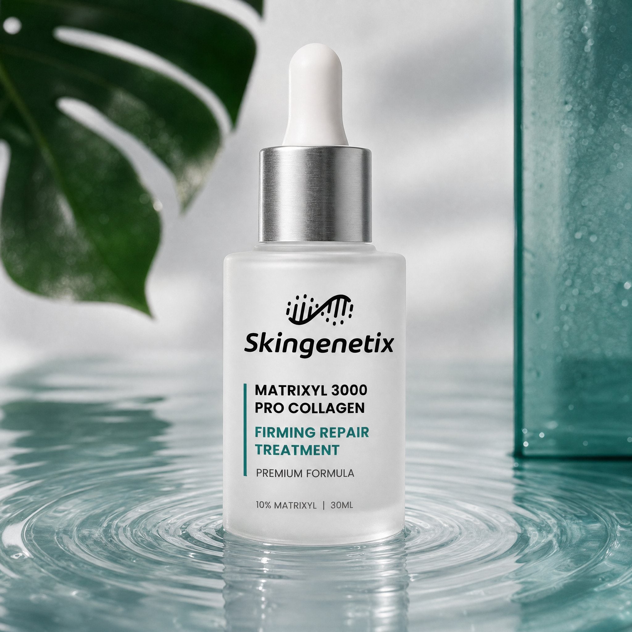 Skingenetix Matrixyl 3000 Firming Serum, 30ml - Flasche auf einer stillen Wasseroberfläche mit weichen Wellen
