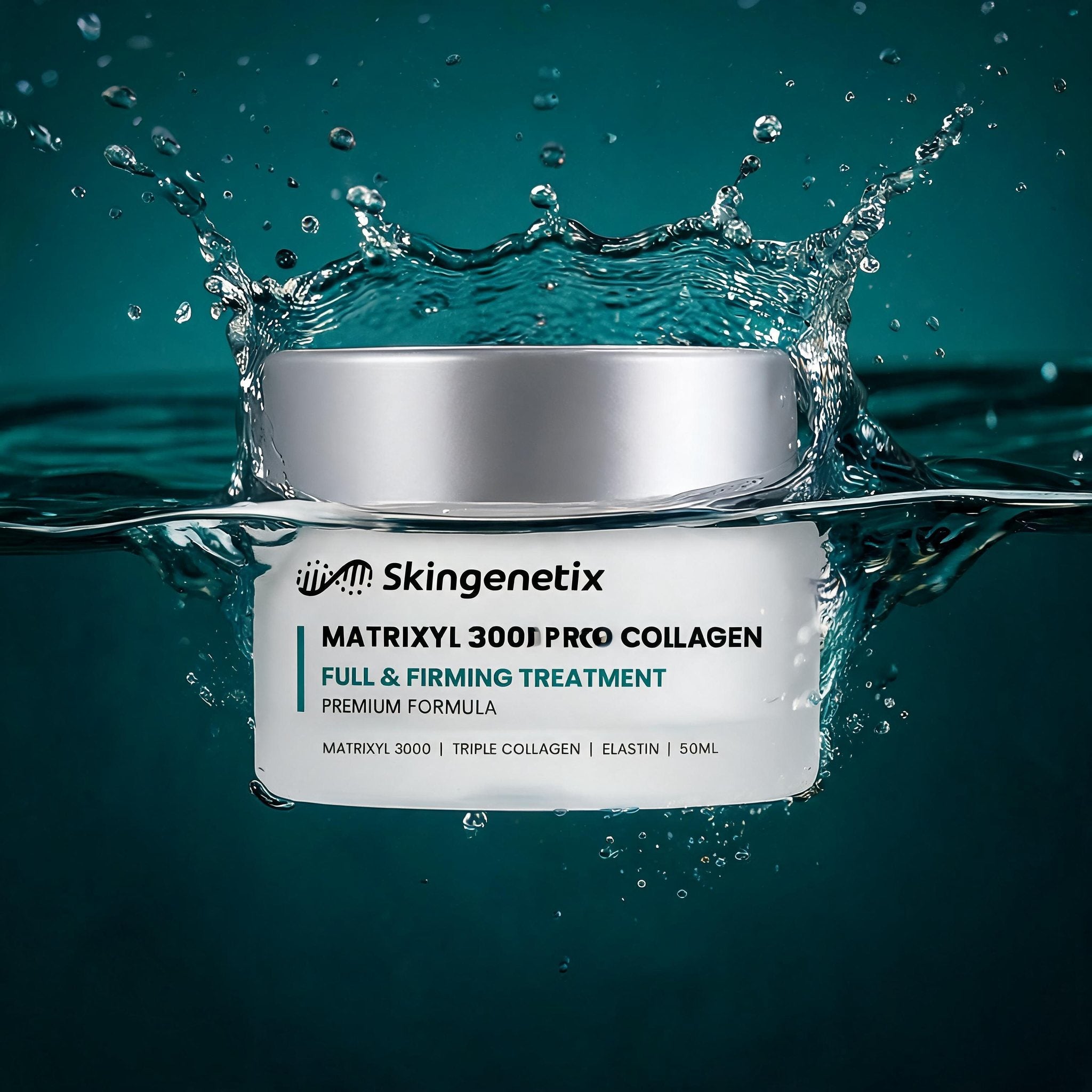 Skingenetix Matrixyl 3000 Pro-Collagen Firming Cream, 50ml - jar in a burst of water against a deep teal ground