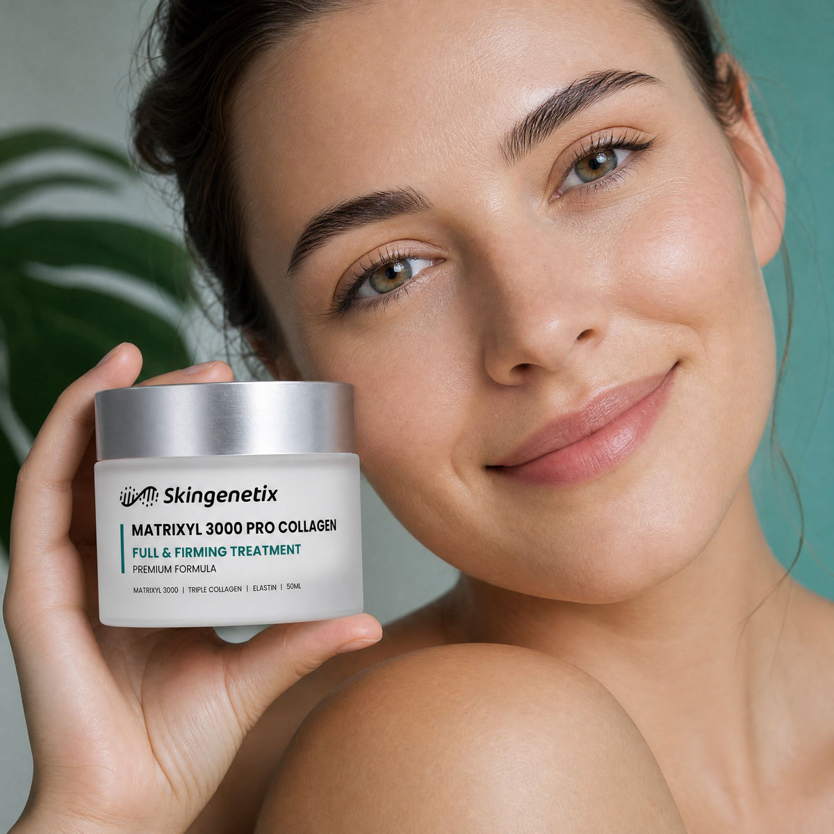 Skingenetix Matrixyl 3000 Pro-Collagen Firming Cream, 50ml - a model holding the jar beside their face