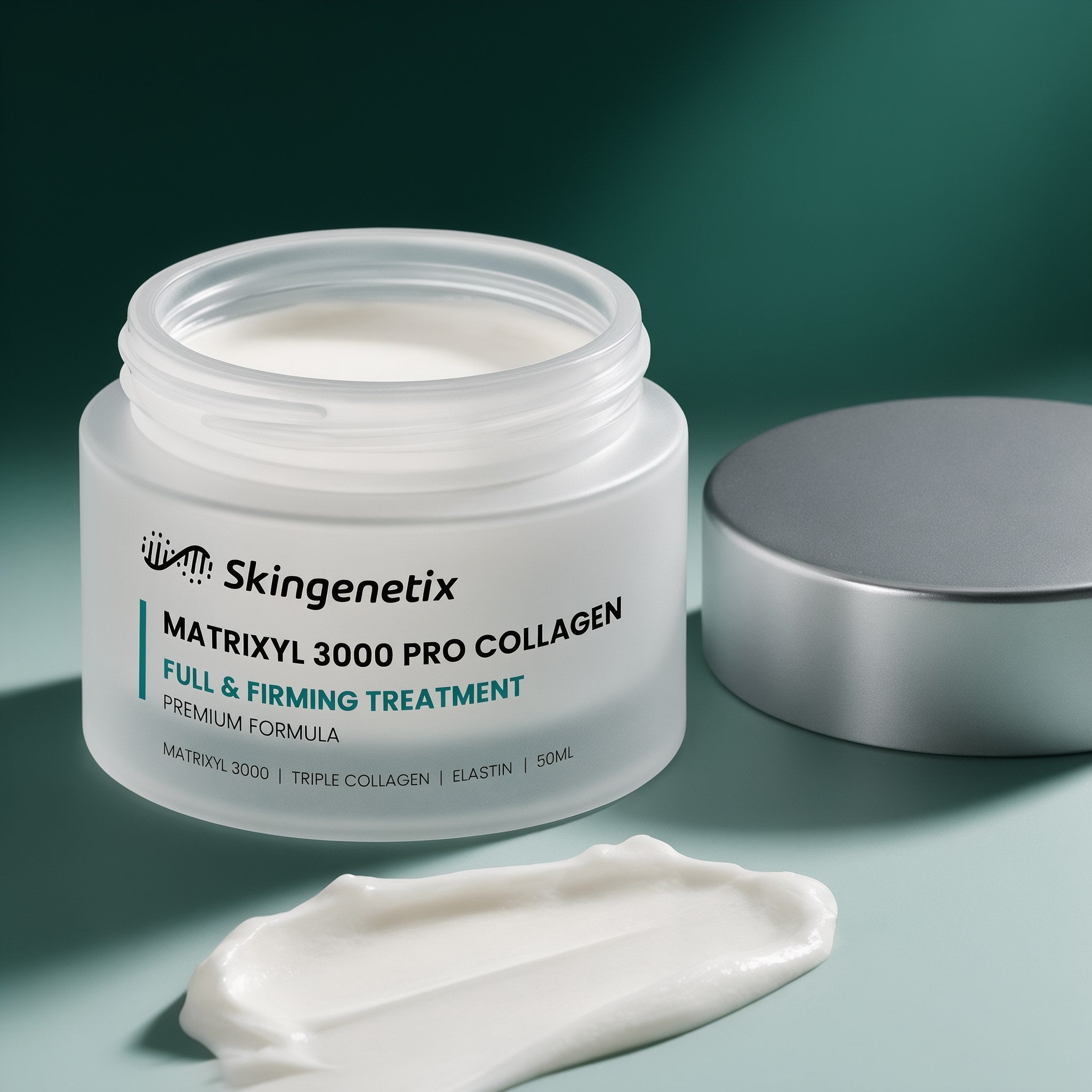 Skingenetix Matrixyl 3000 Pro-Collagen Firming Cream, 50ml - open jar with a swatch of the white cream beside it