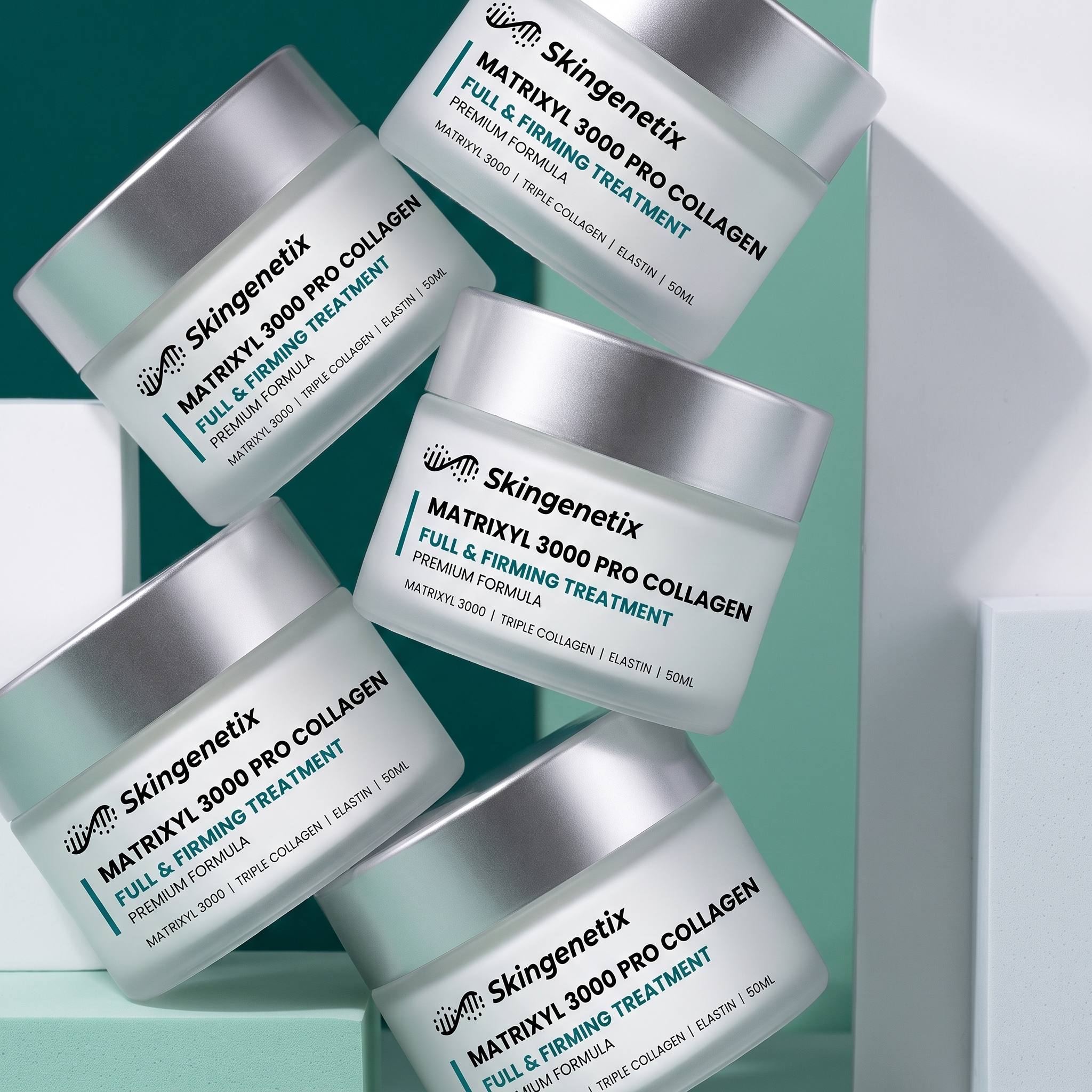 Skingenetix Matrixyl 3000 Pro-Collagen Firming Cream, 50ml - several jars of the cream arranged in a group