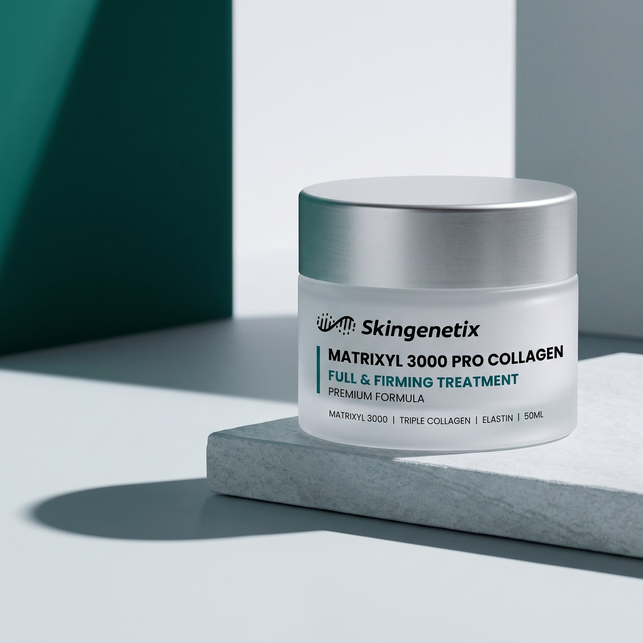 Skingenetix Matrixyl 3000 Pro-Collagen Firming Cream, 50ml - jar on a pale plinth with a hard directional shadow