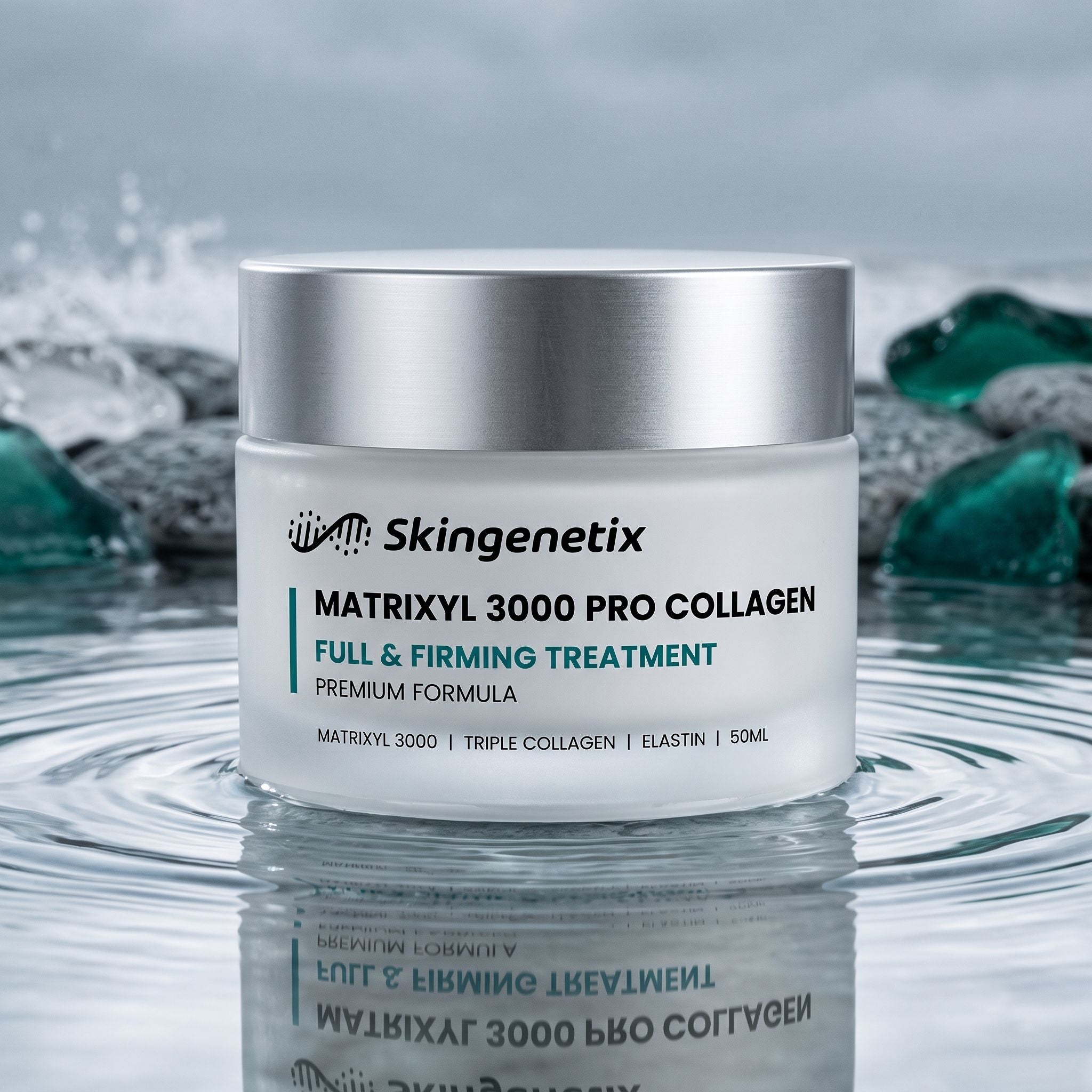 Skingenetix Matrixyl 3000 Pro-Collagen Firming Cream, 50ml - jar standing on a still water surface with soft ripples