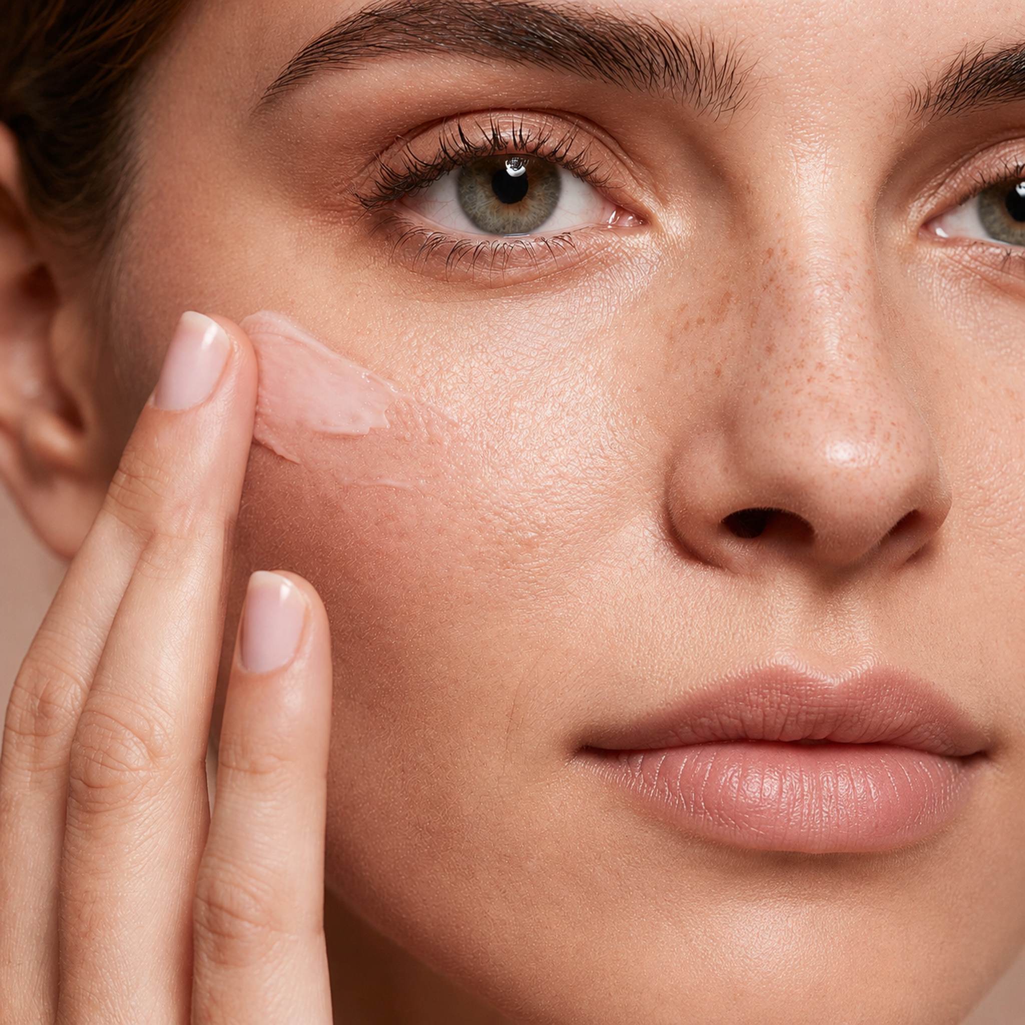 Skingenetix PDRN 1% Collagen Night Cream, 50ml - close-up of the pink cream applied to a cheek