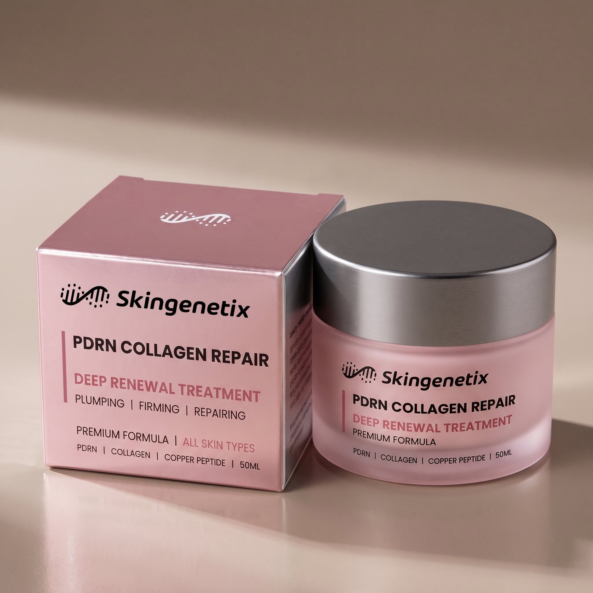 Skingenetix PDRN 1% Collagen Night Cream, 50ml - jar beside its pink and silver carton