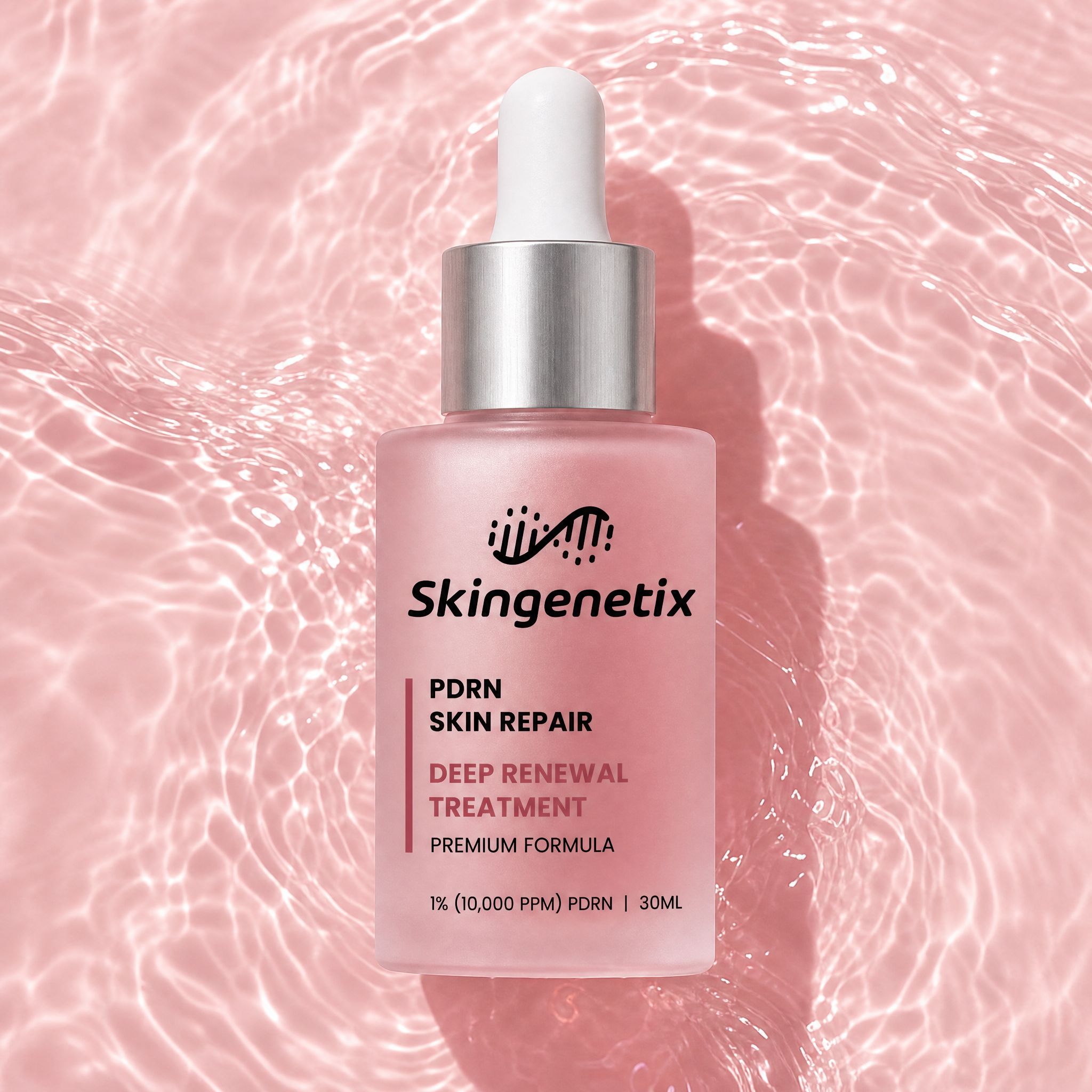Skingenetix PDRN 1% Renewal Serum, 30ml - overhead view of the bottle on rippling blush water
