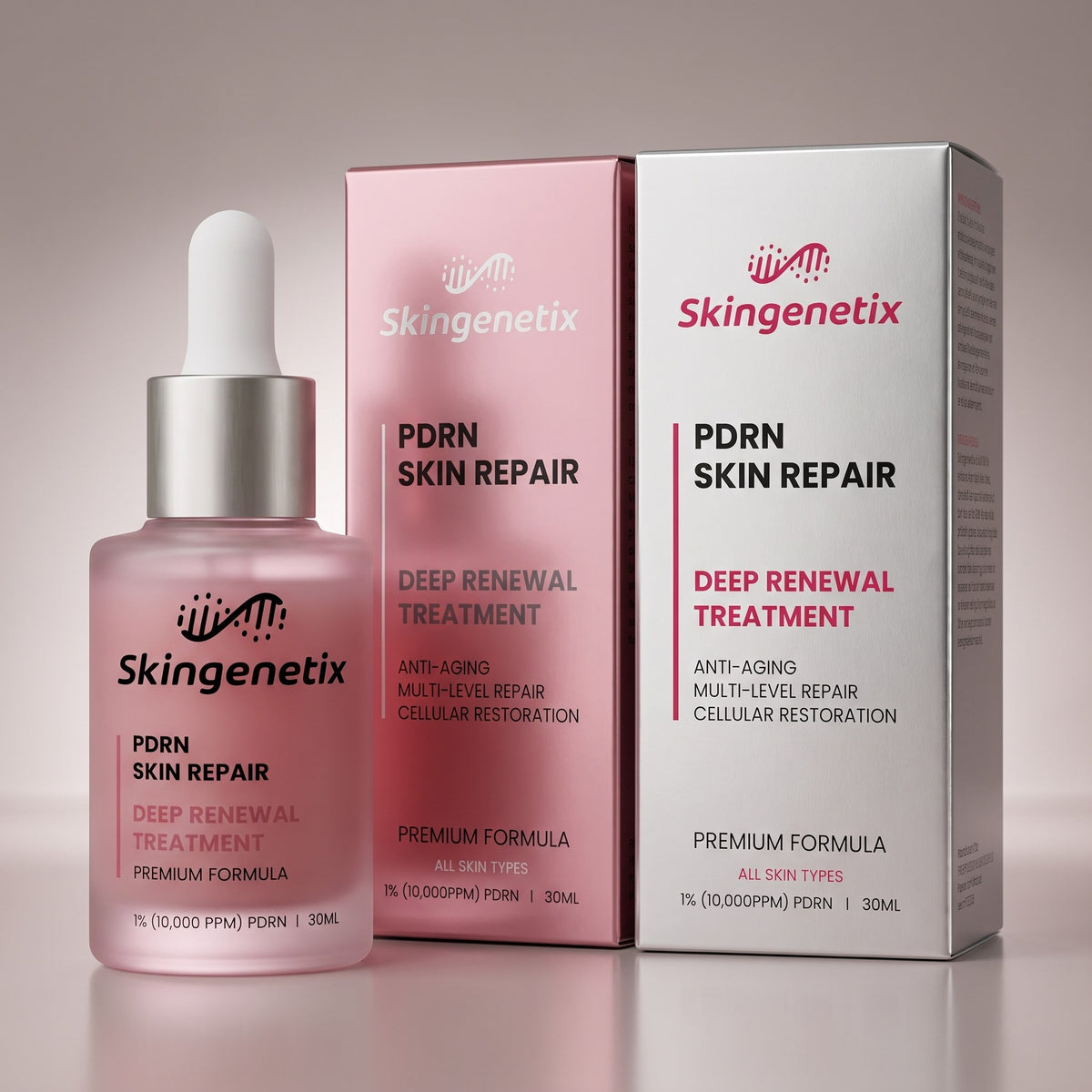 Skingenetix PDRN 1% Renewal Serum, 30ml - bottle beside its pink and silver cartons