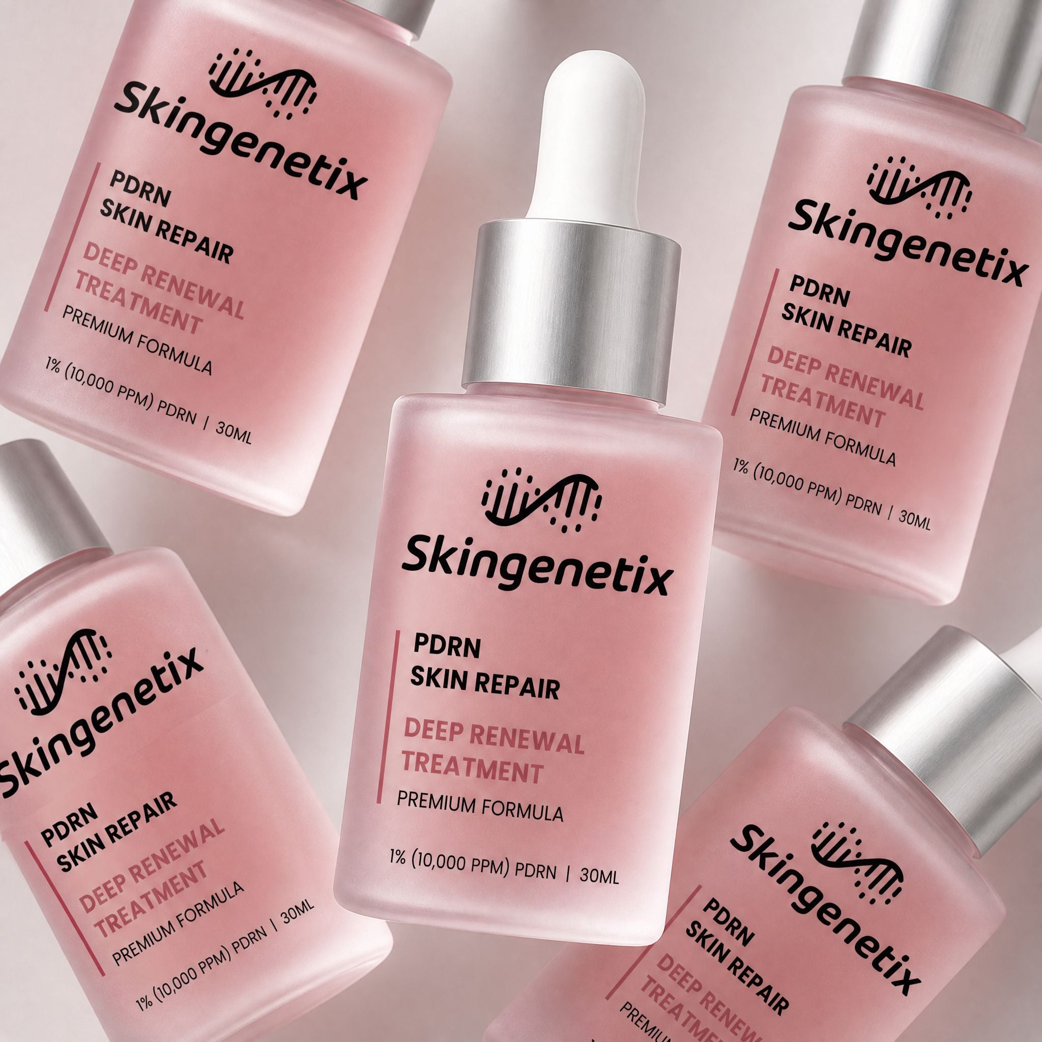 Skingenetix PDRN 1% Renewal Serum, 30ml - several bottles of the serum arranged in an angled group