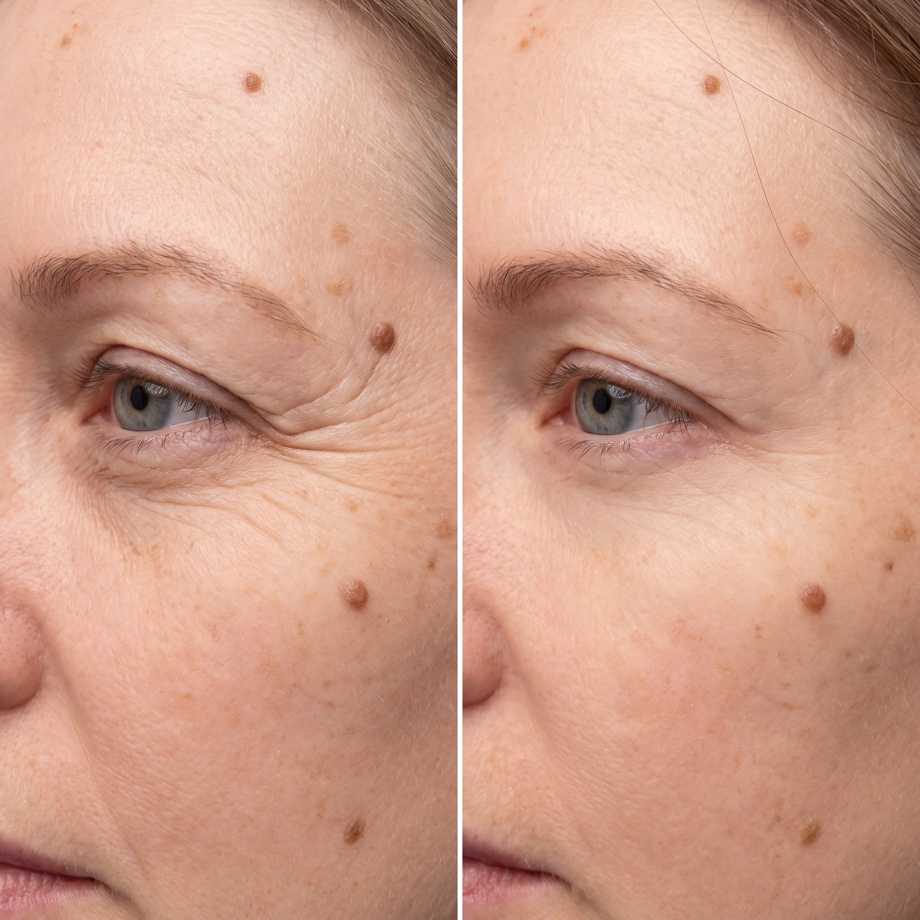 Close-up comparison of the skin at the outer corner of one eye, the fan of expression lines less deeply etched in the second image than the first. Illustration accompanying the Acetyl Hexapeptide-8 research summary.