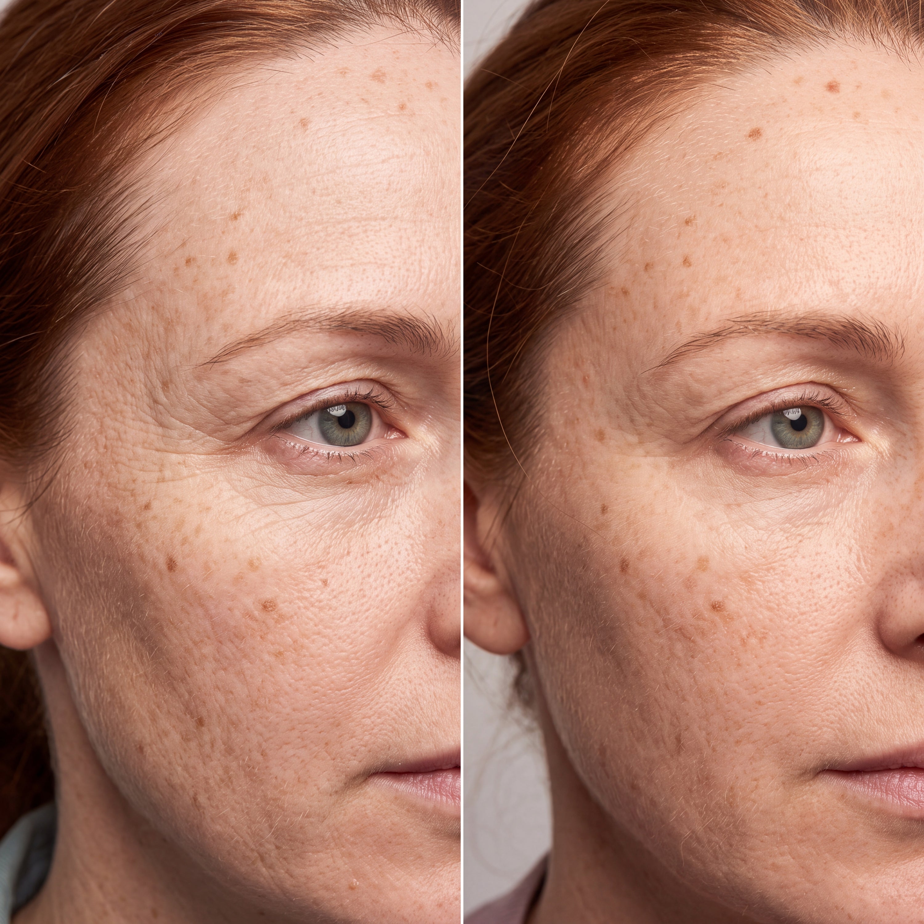 Close-up comparison of the fine lines at the outer corner of one eye, slightly softened in the second image while the deeper creases are unchanged. Illustration accompanying the Acetyl Hexapeptide-8 research summary.
