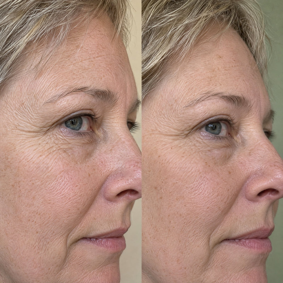 Before and after: crow's feet at the outer corner of the eye, the lines still there but softer