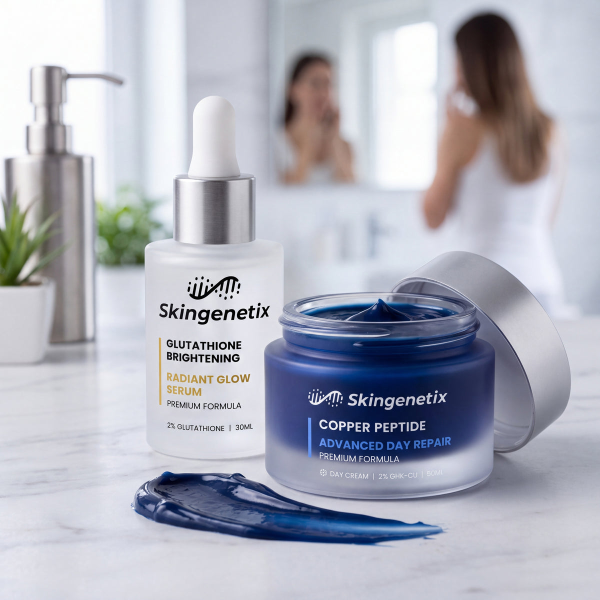 the copper peptide day gel-cream open beside a swatch of the deep blue gel, the glutathione serum behind
