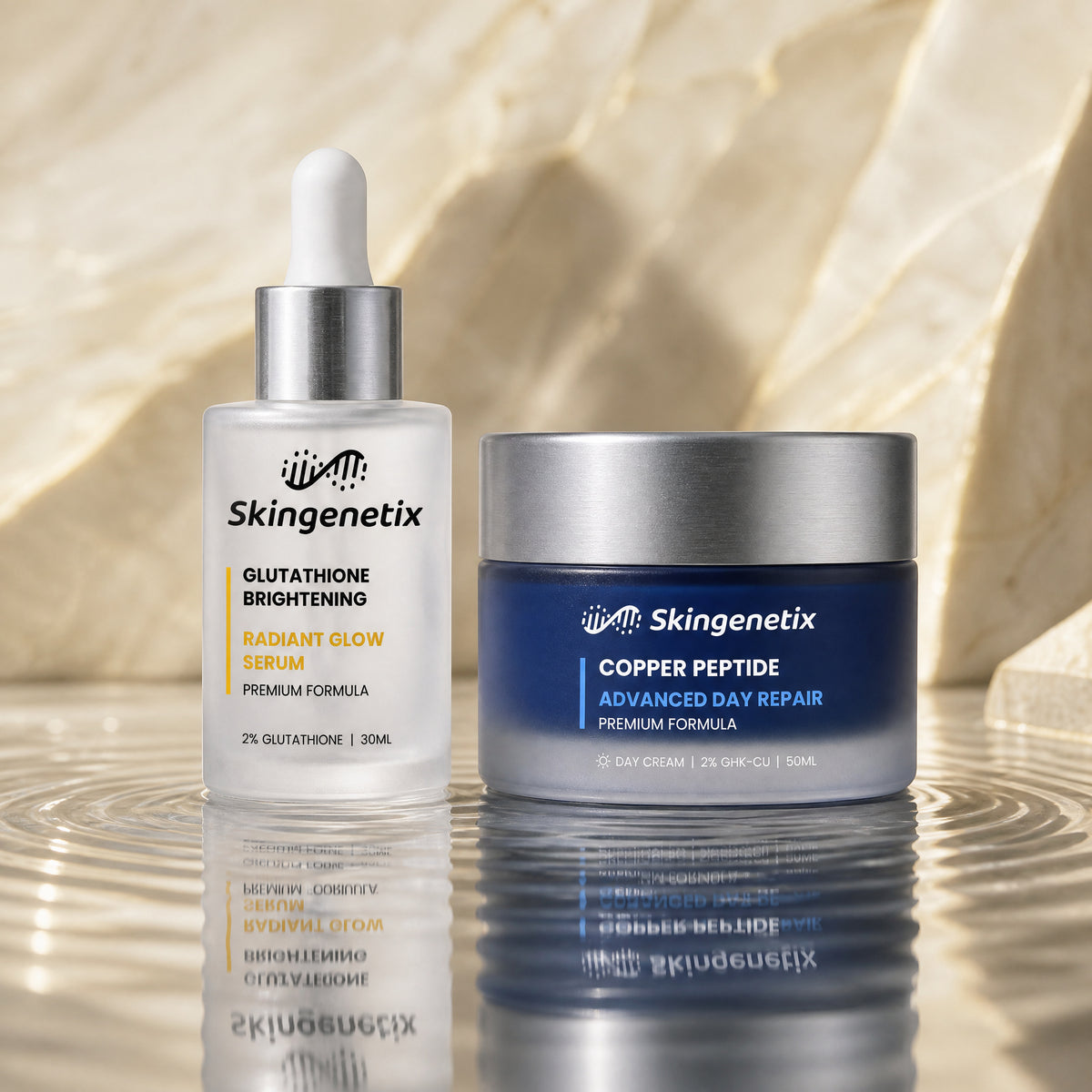 Skingenetix Brightening & Glow Duo Set - the serum and day gel-cream standing in shallow rippled water