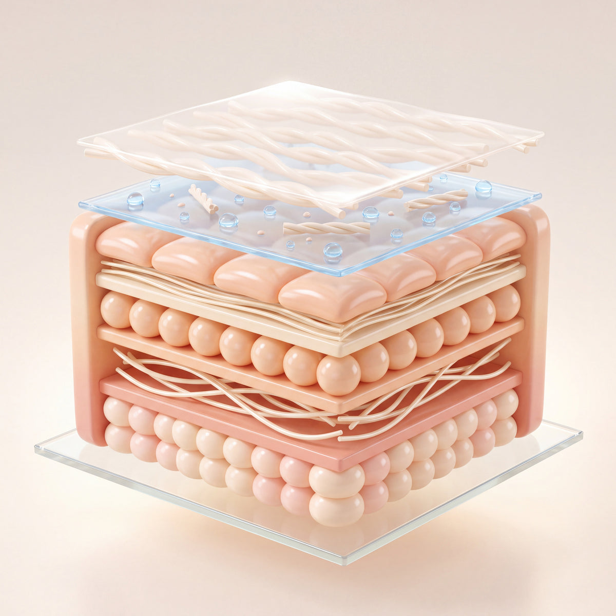 Illustrated cross-section of skin with a translucent collagen film lifted above the surface and pale blue water droplets held beneath it, the deeper layers unchanged