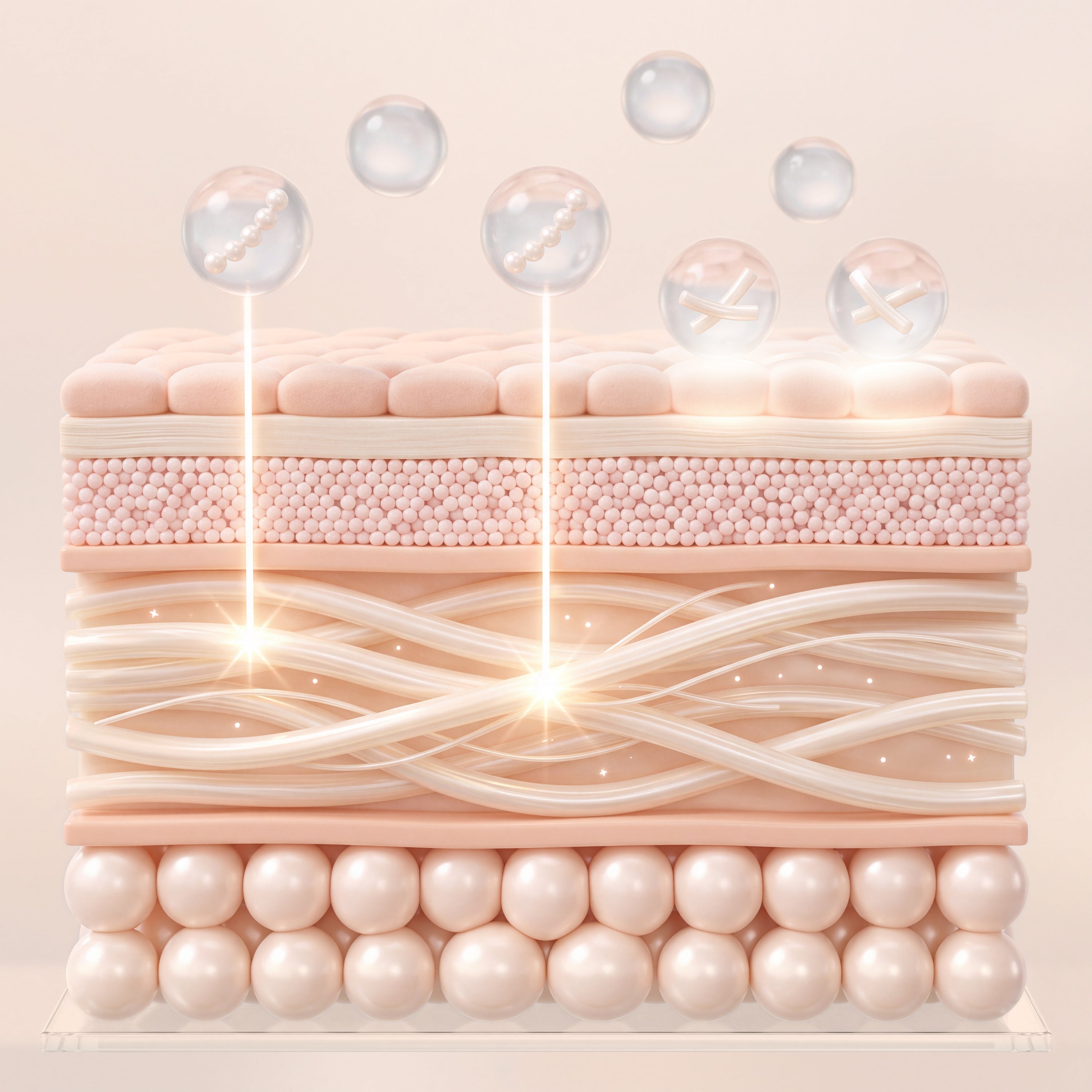Illustrated cross-section of skin showing peptide-filled spheres above the surface, some sending light down into the collagen fibre layer and others releasing collagen segments into the surface layers
