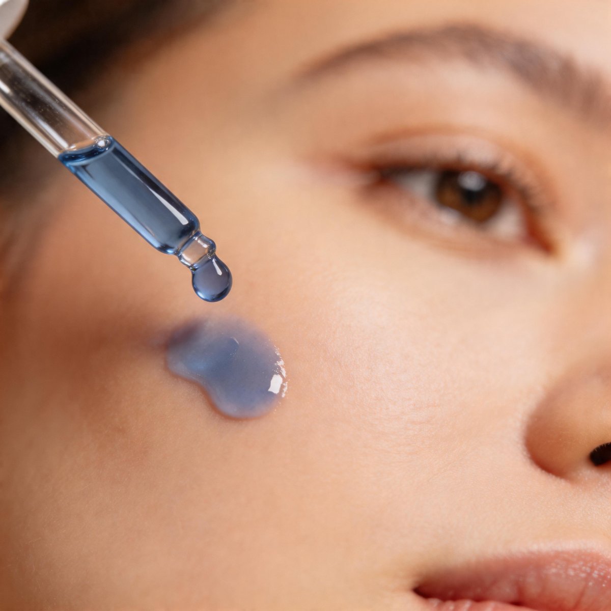 Skingenetix Copper Peptide (GHK-Cu) 2% Renewal Serum, 30ml - dropper releasing a blue drop onto a cheek