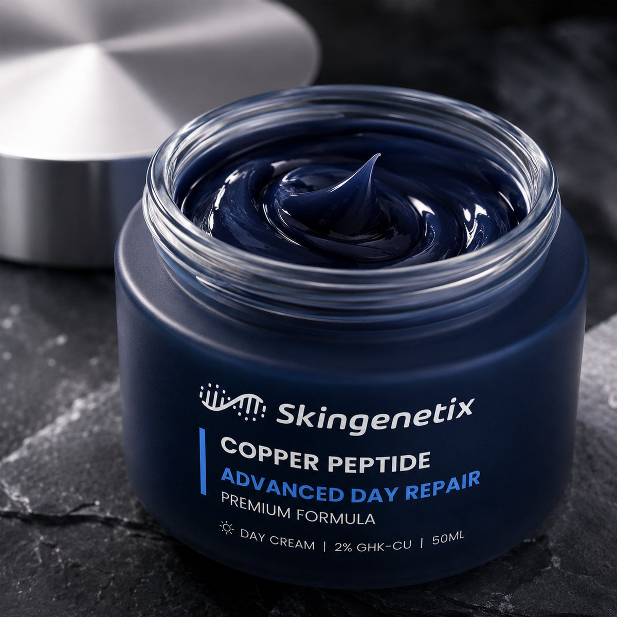 Skingenetix Copper Peptide GHK-Cu Advanced Day Repair gel-cream, 50ml - jar open with the lid beside it