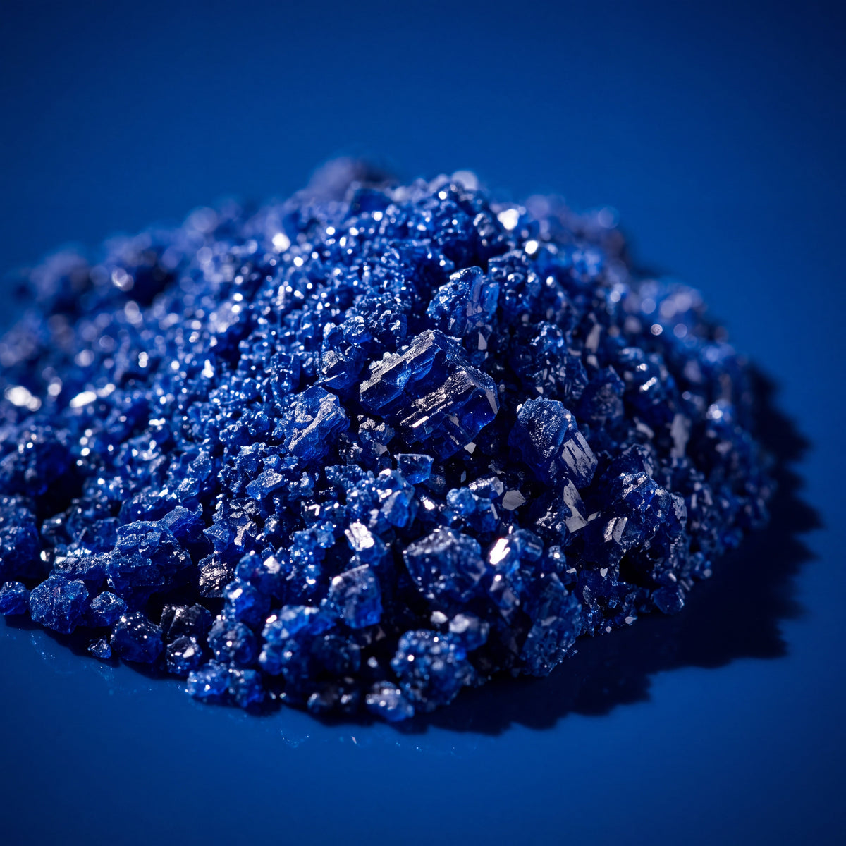 Deep blue GHK-Cu copper peptide crystals in a small heap, lit by a single hard laboratory light against a clinical blue background