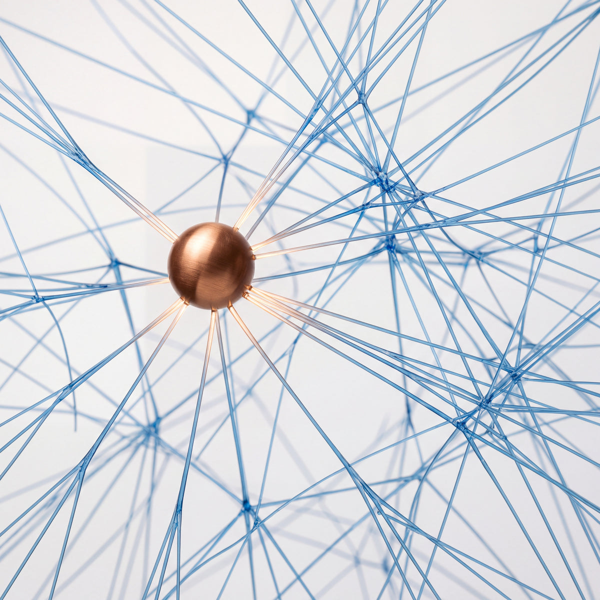 A single copper node radiating fine filaments through a blue collagen-fibre network - Skingenetix copper peptide GHK-Cu research