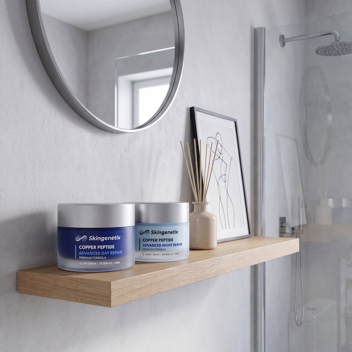 Skingenetix Day & Night Copper Peptide (GHK-Cu) Duo Set - the day and night creams styled on an oak bathroom shelf